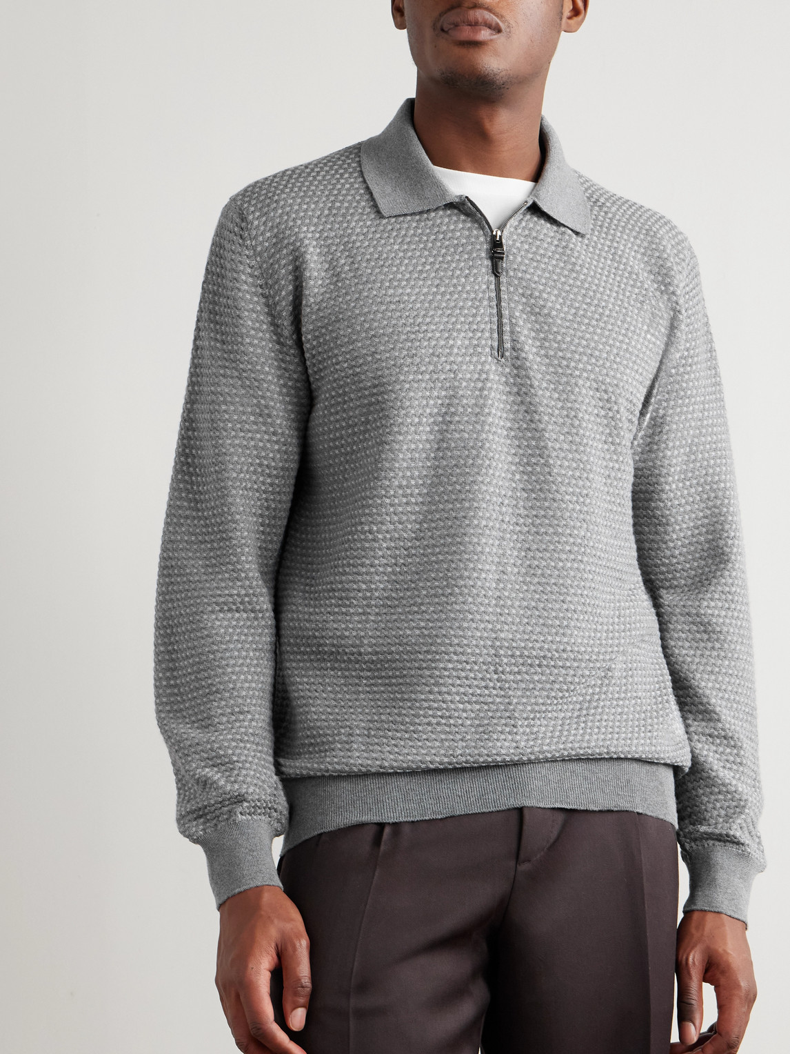 Canali Basketweave Jacquard-knitted Wool Half-zip Polo Shirt In Gray