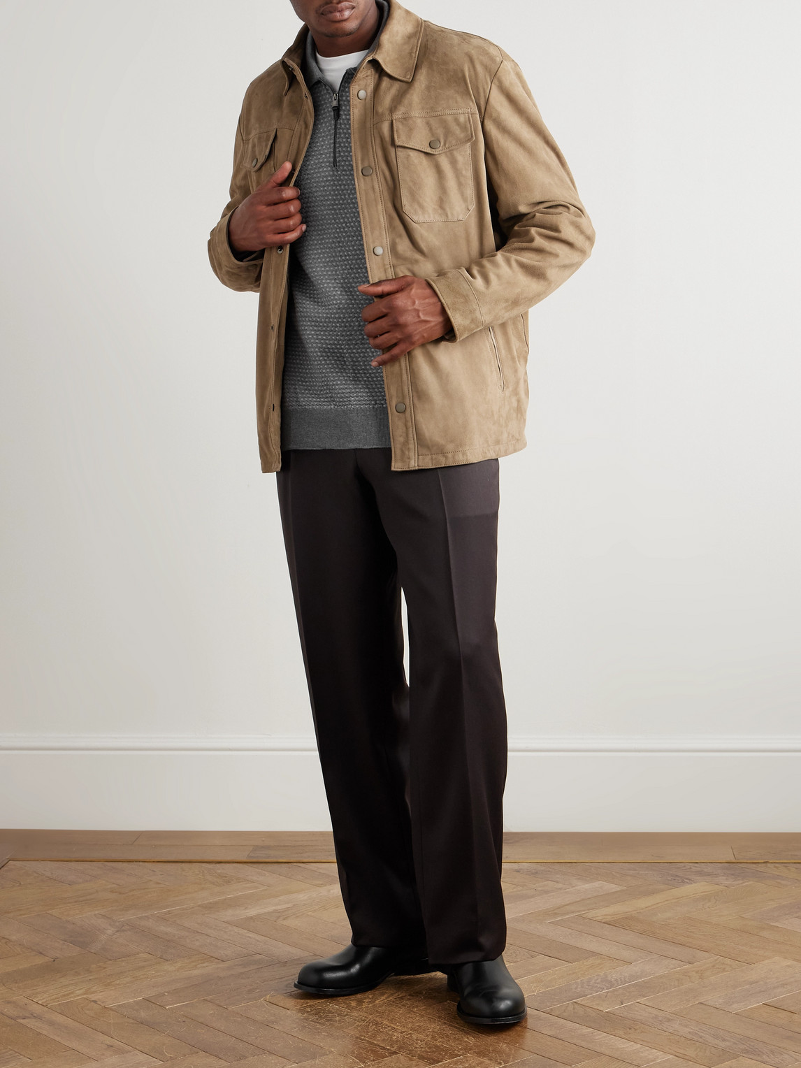 Canali Basketweave Jacquard-knitted Wool Half-zip Polo Shirt In Gray