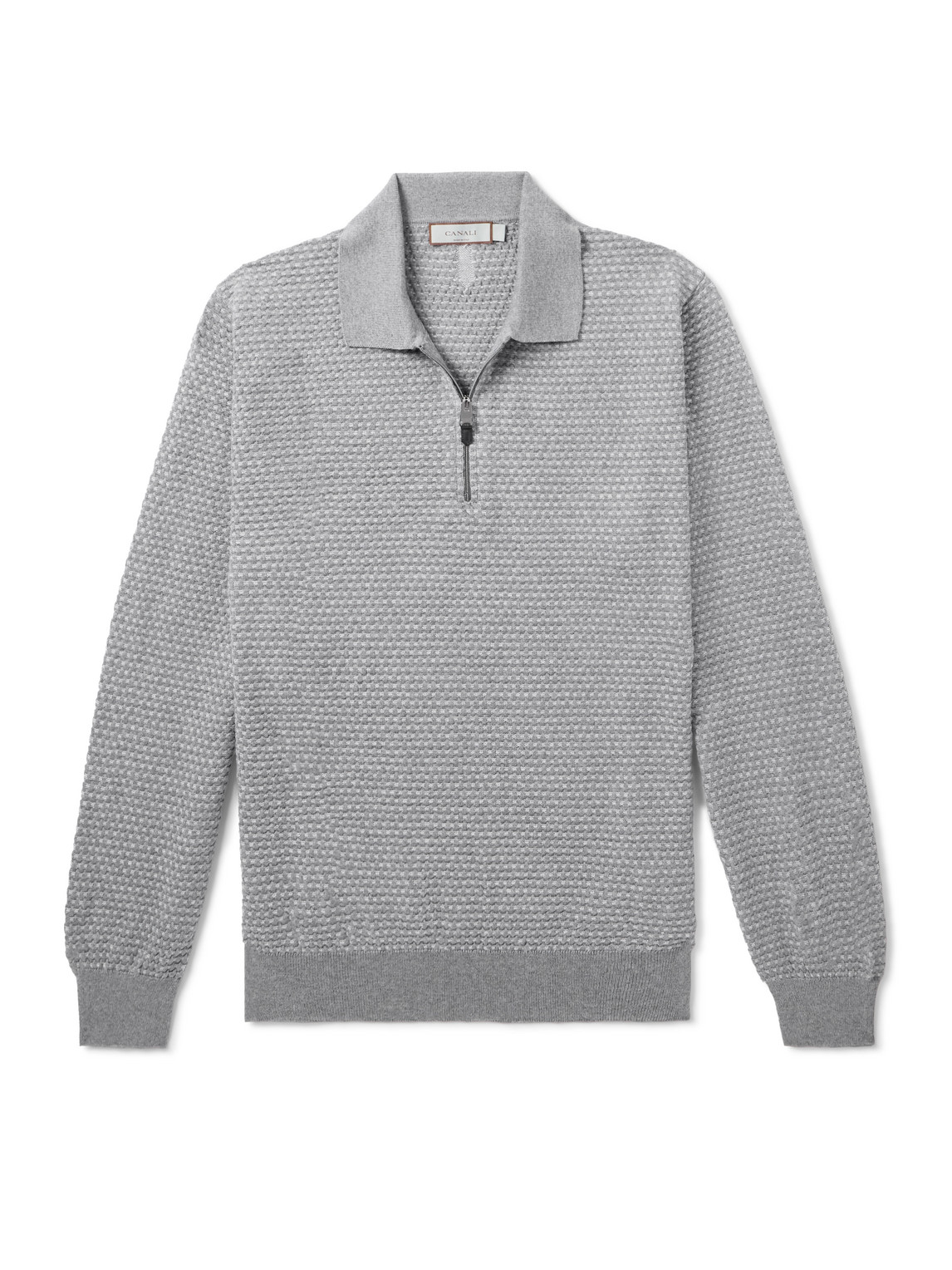 Canali Basketweave Jacquard-knitted Wool Half-zip Polo Shirt In Gray