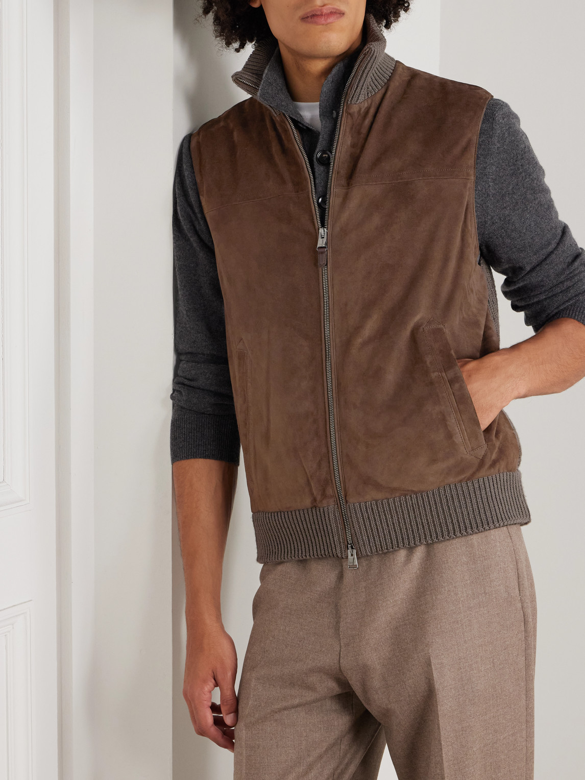 Canali Padded Suede And Ribbed Wool Gilet In Brown