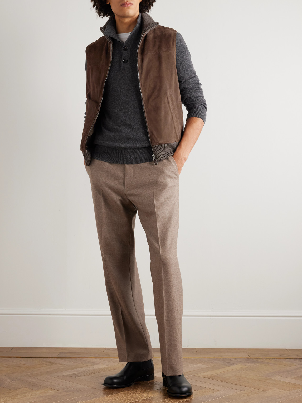 Canali Padded Suede And Ribbed Wool Gilet In Brown