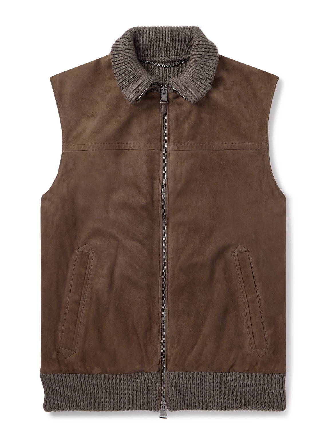 Canali Padded Suede And Ribbed Wool Gilet In Brown