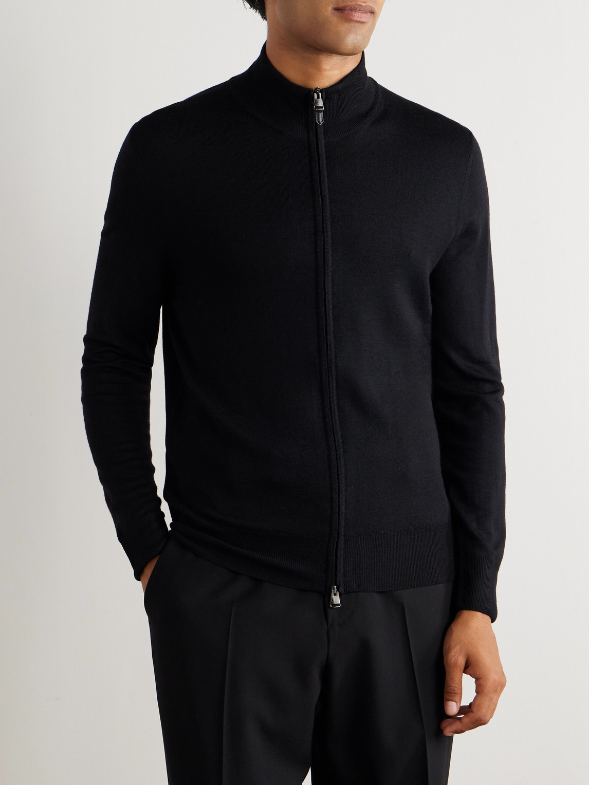 Canali Slim-fit Wool Zip-up Cardigan In Black
