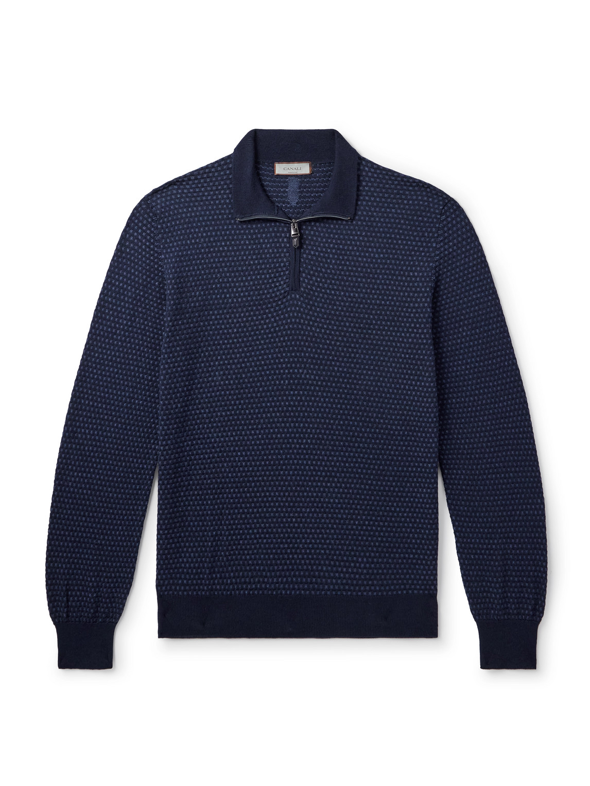Basketweave Jacquard-Knitted Wool Half-Zip Polo Shirt