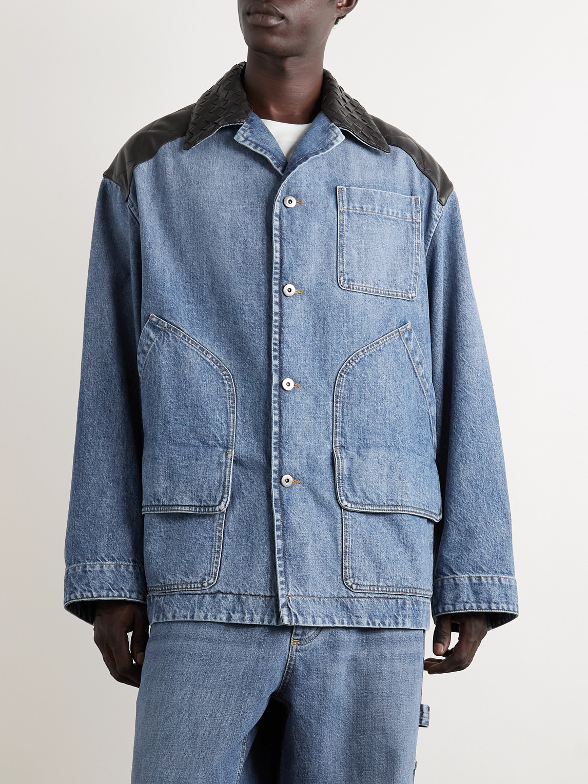 Intrecciato Leather-Panelled Denim Jacket