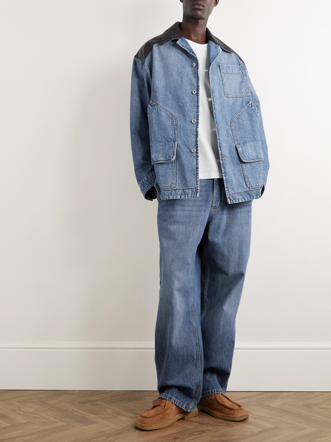 Intrecciato Leather-Panelled Denim Jacket