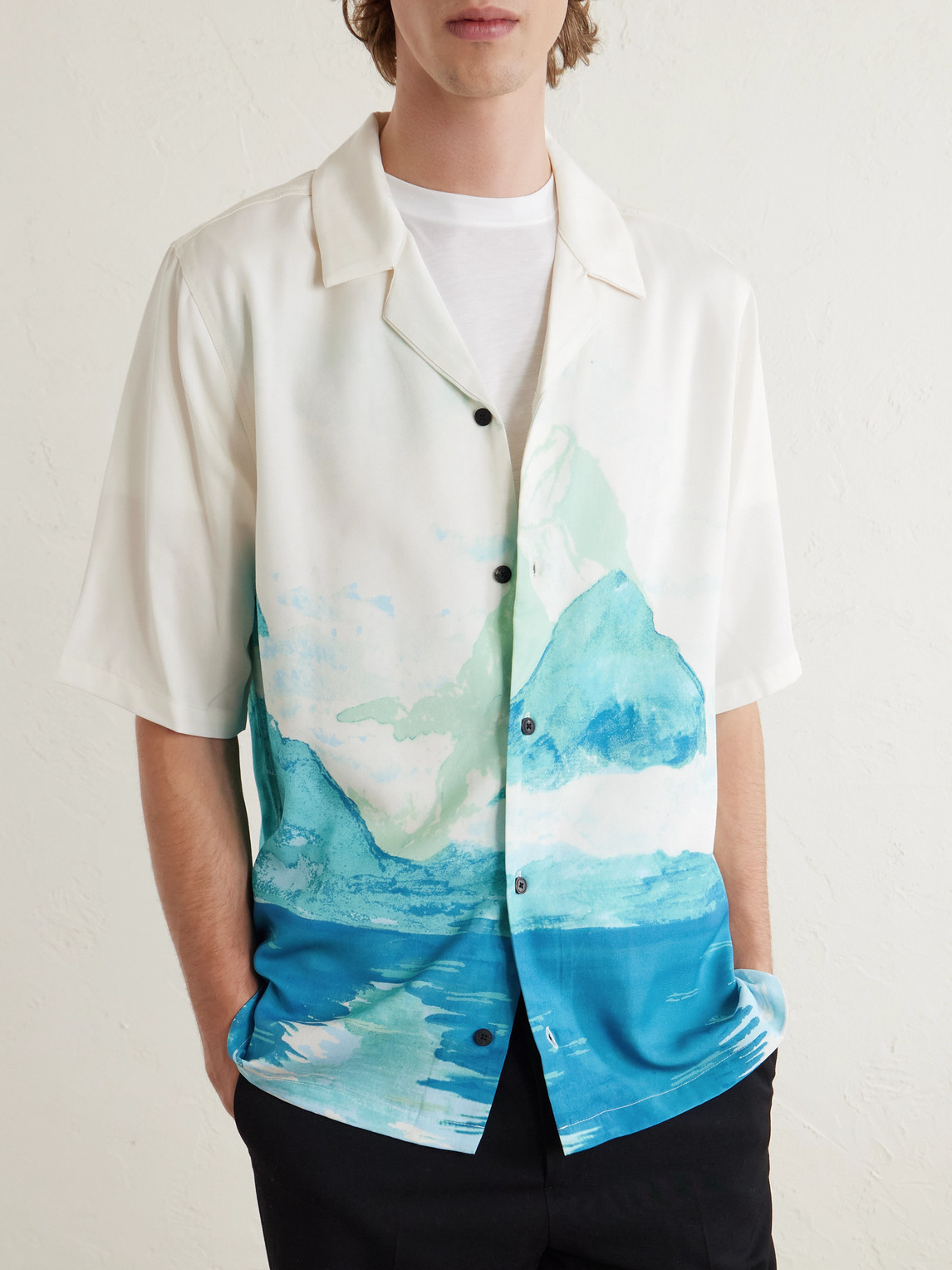  Manaaki - Paradise Camp-collar Printed Lyocell Shirt - Men - Blue - S 