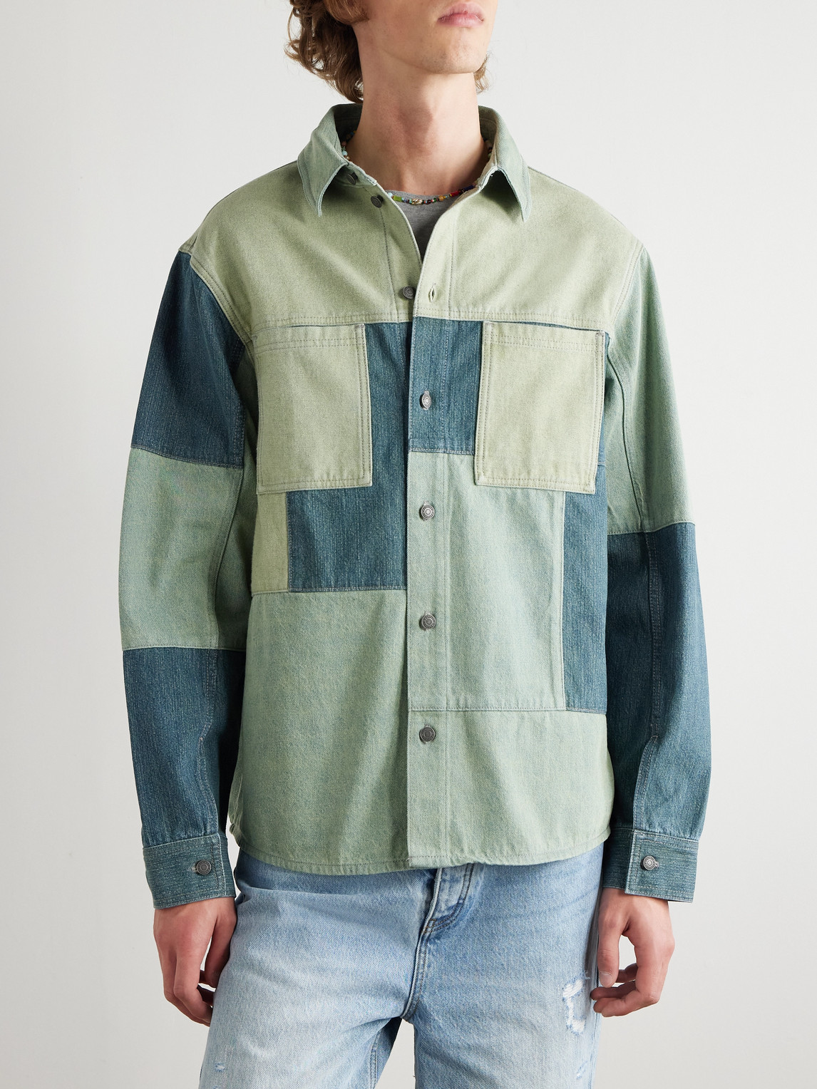  Manaaki - Patchwork Denim Shirt - Men - Green - S 