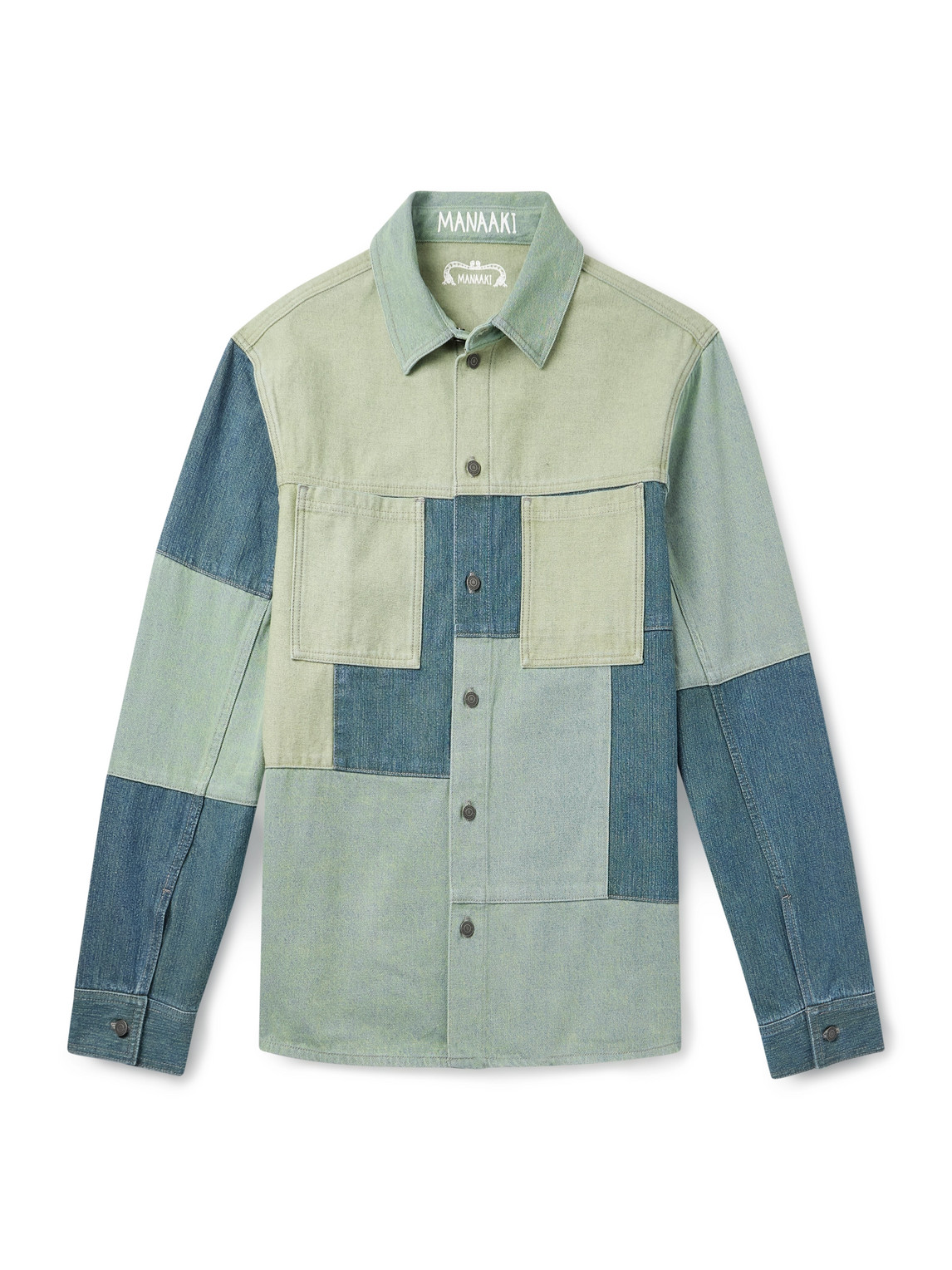 Manaaki Patchwork Denim Shirt In Green