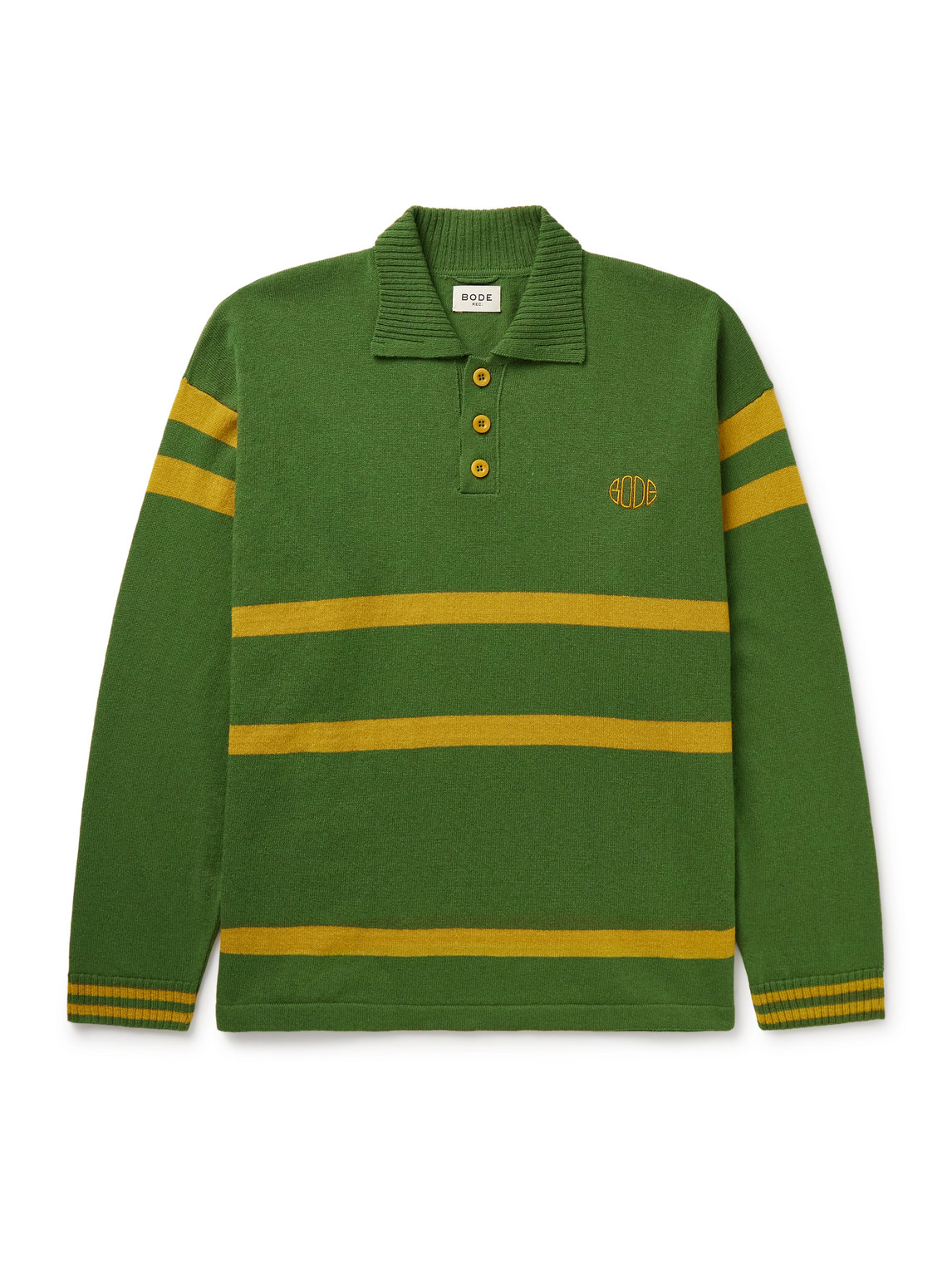 Bode Regis Logo-embroidered Striped Wool Polo Sweater In Green