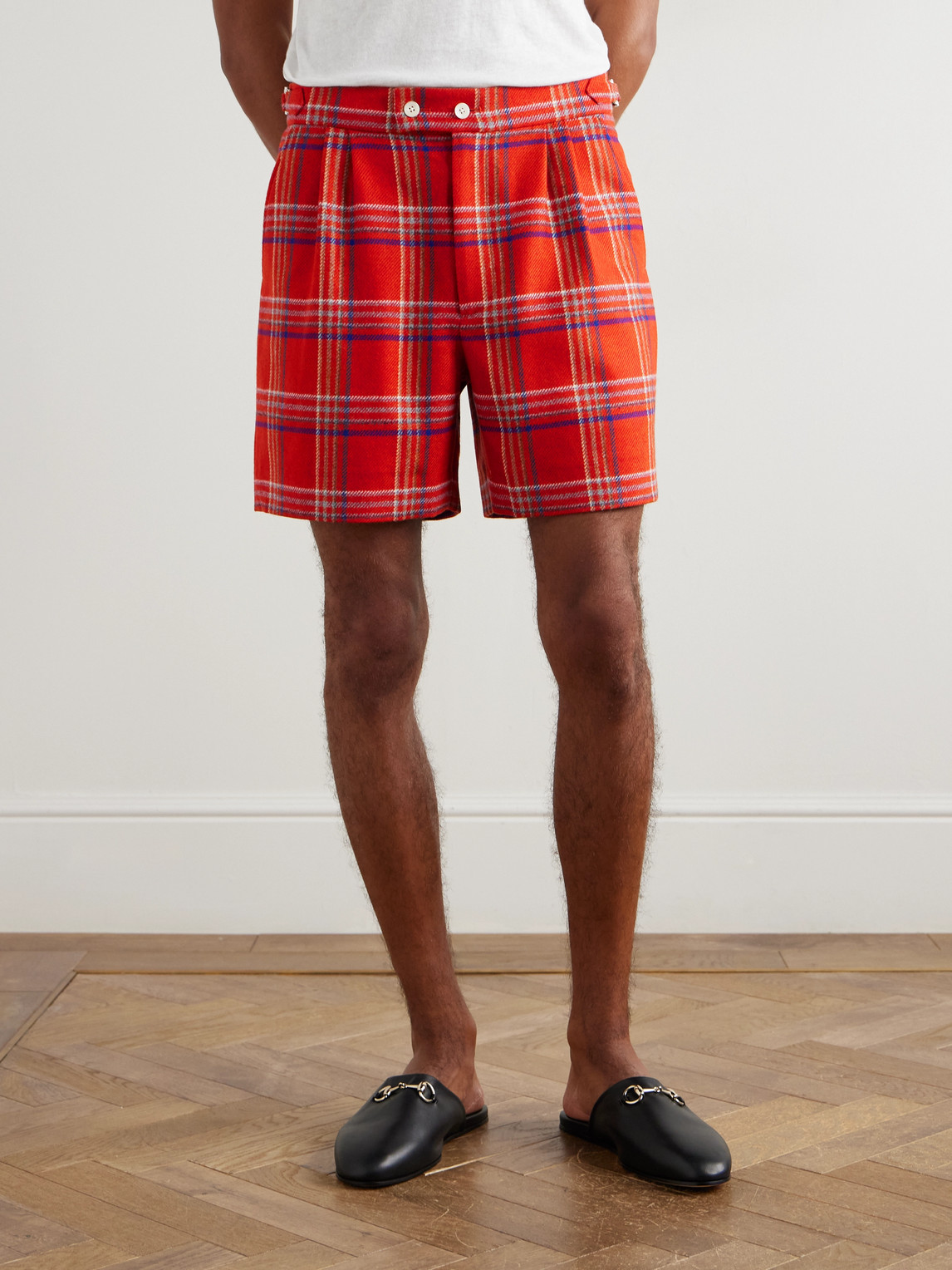 Bode Gable Straight-leg Pleated Checked Wool Shorts In Red