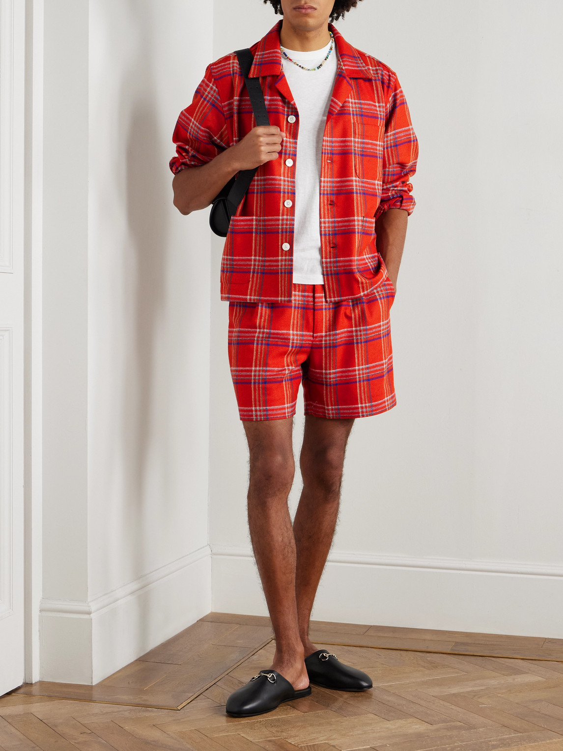 Bode Gable Straight-leg Pleated Checked Wool Shorts In Red