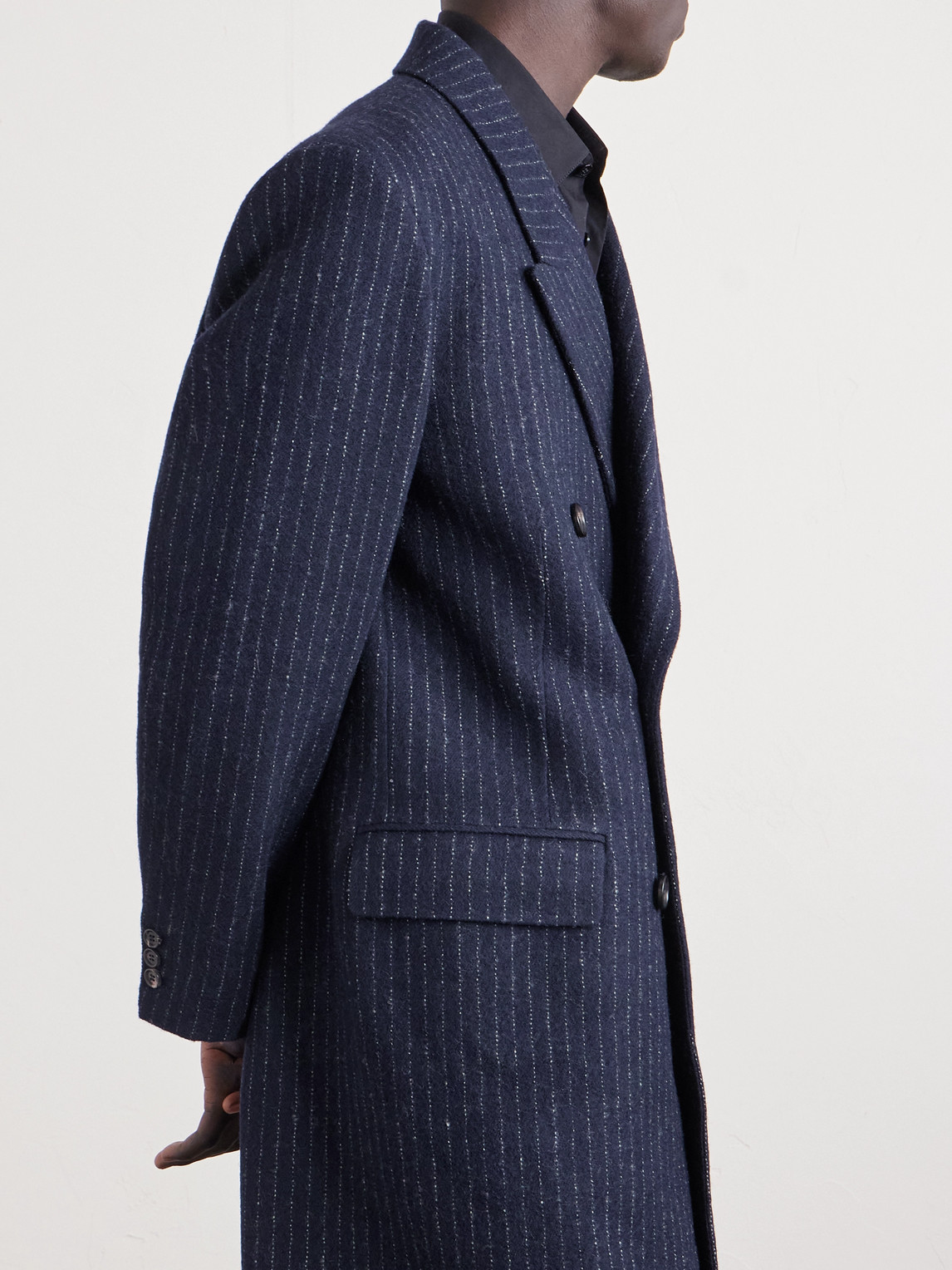 Bode Waldorf Double-breasted Pinstriped Virgin Wool Coat In Blue