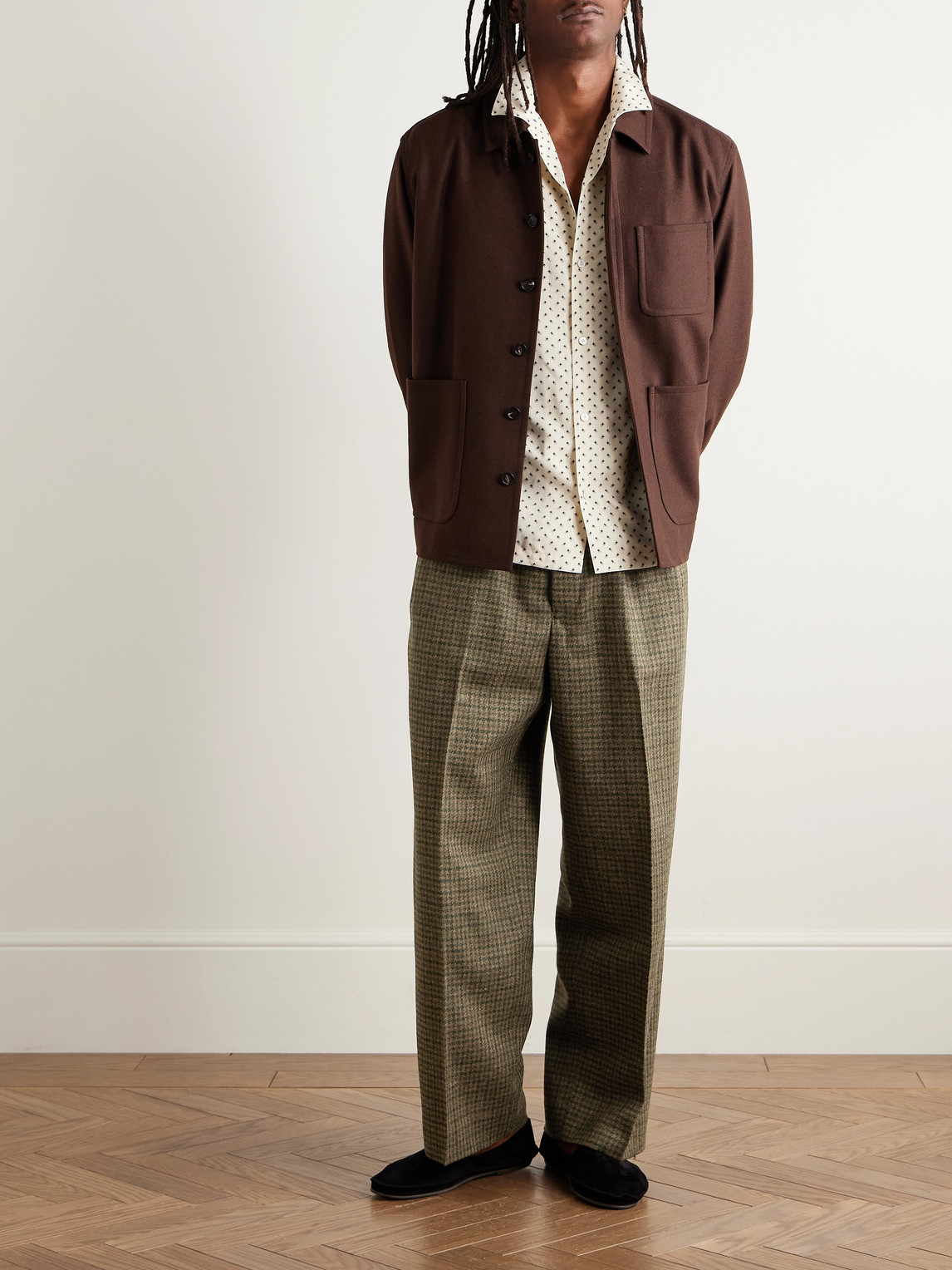 Bode Morris Pleated Straight-leg Houndstooth Wool Trousers In Green