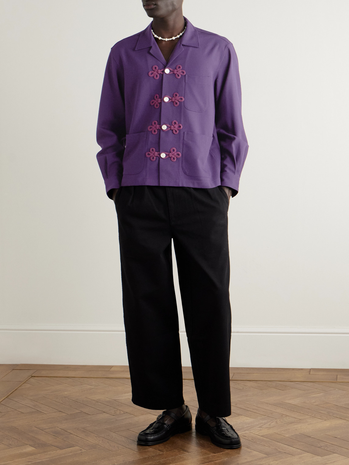 Bode Astor Trillium Camp-collar Embroidered Wool Shirt In Purple