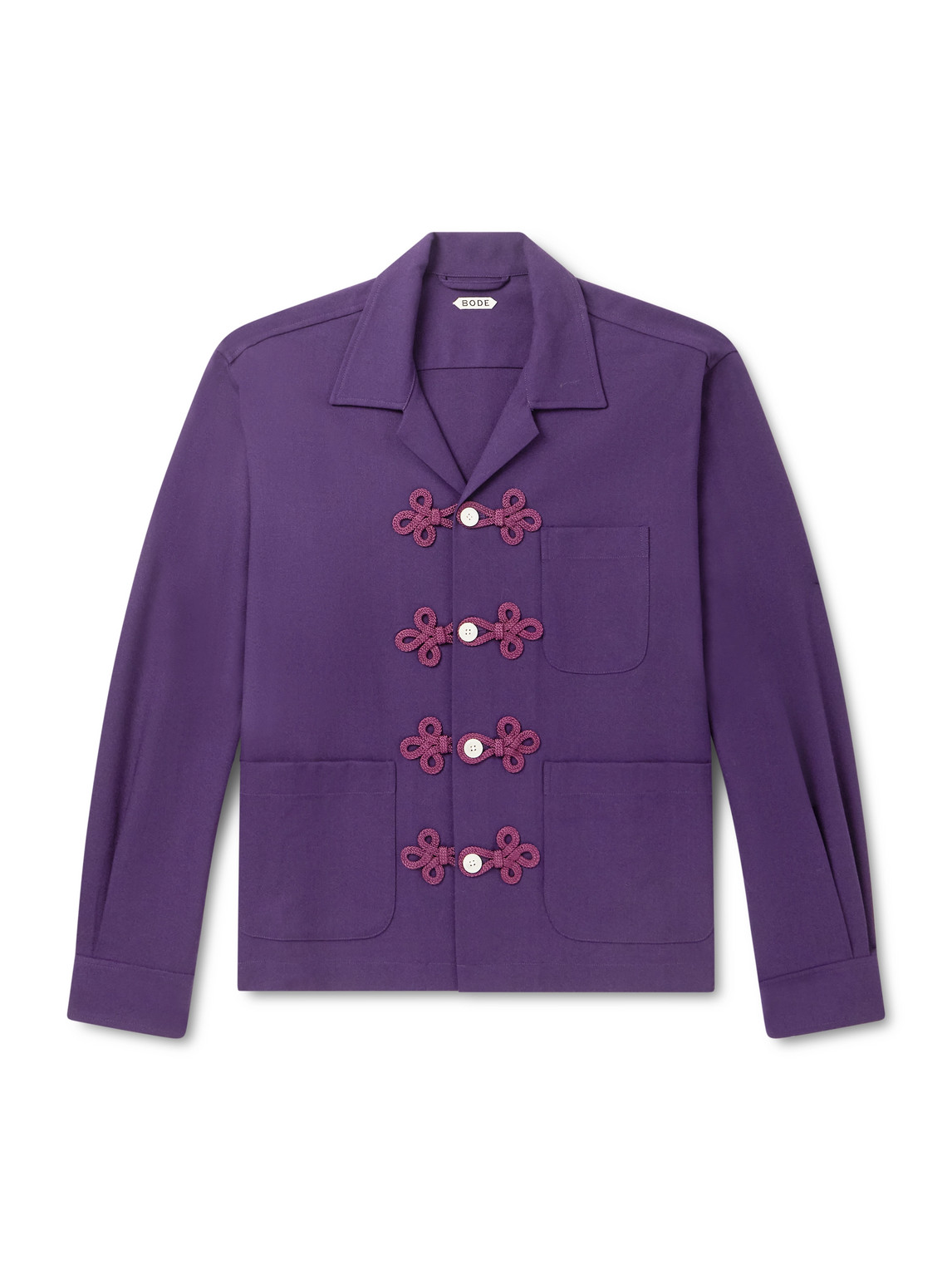 Bode Astor Trillium Camp-collar Embroidered Wool Shirt In Purple