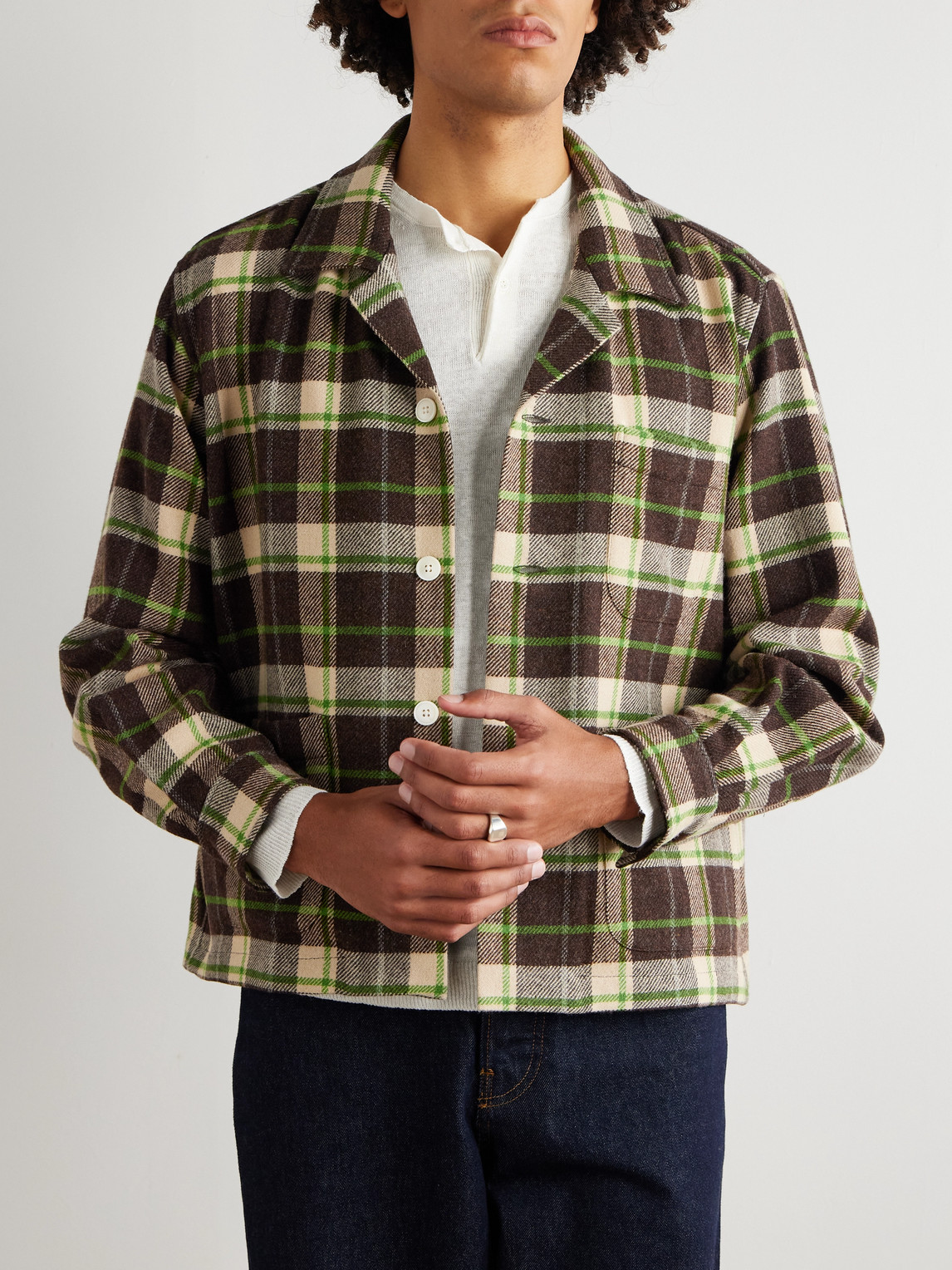 Bode Woodcrest Camp-collar Checked Wool-flannel Overshirt In Brown