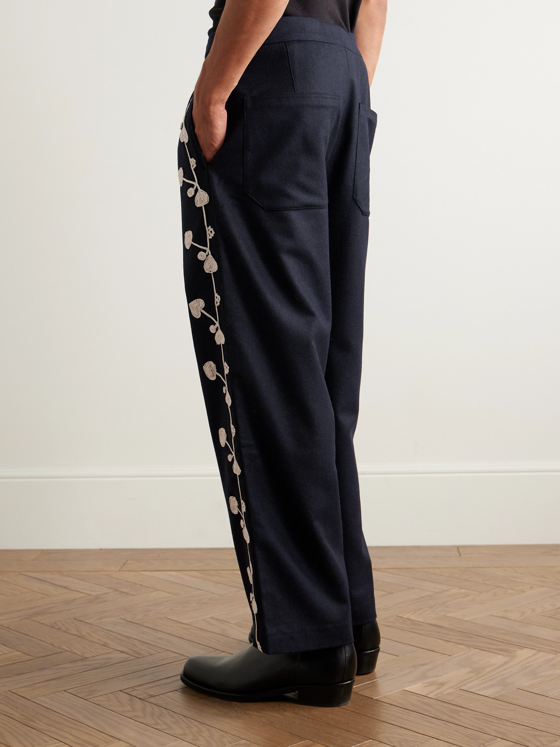 Bode Snowdrop Straight-leg Appliquéd Herringbone Wool-blend Trousers In Blue