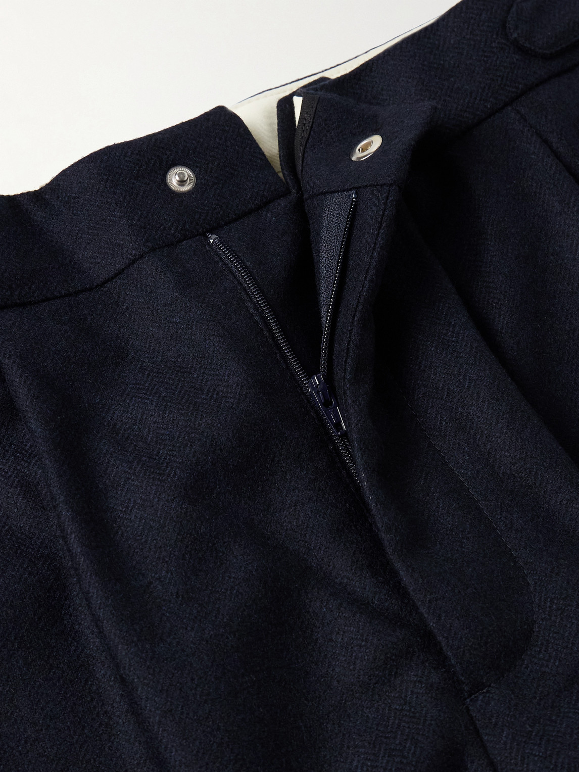 Bode Snowdrop Straight-leg Appliquéd Herringbone Wool-blend Trousers In Blue