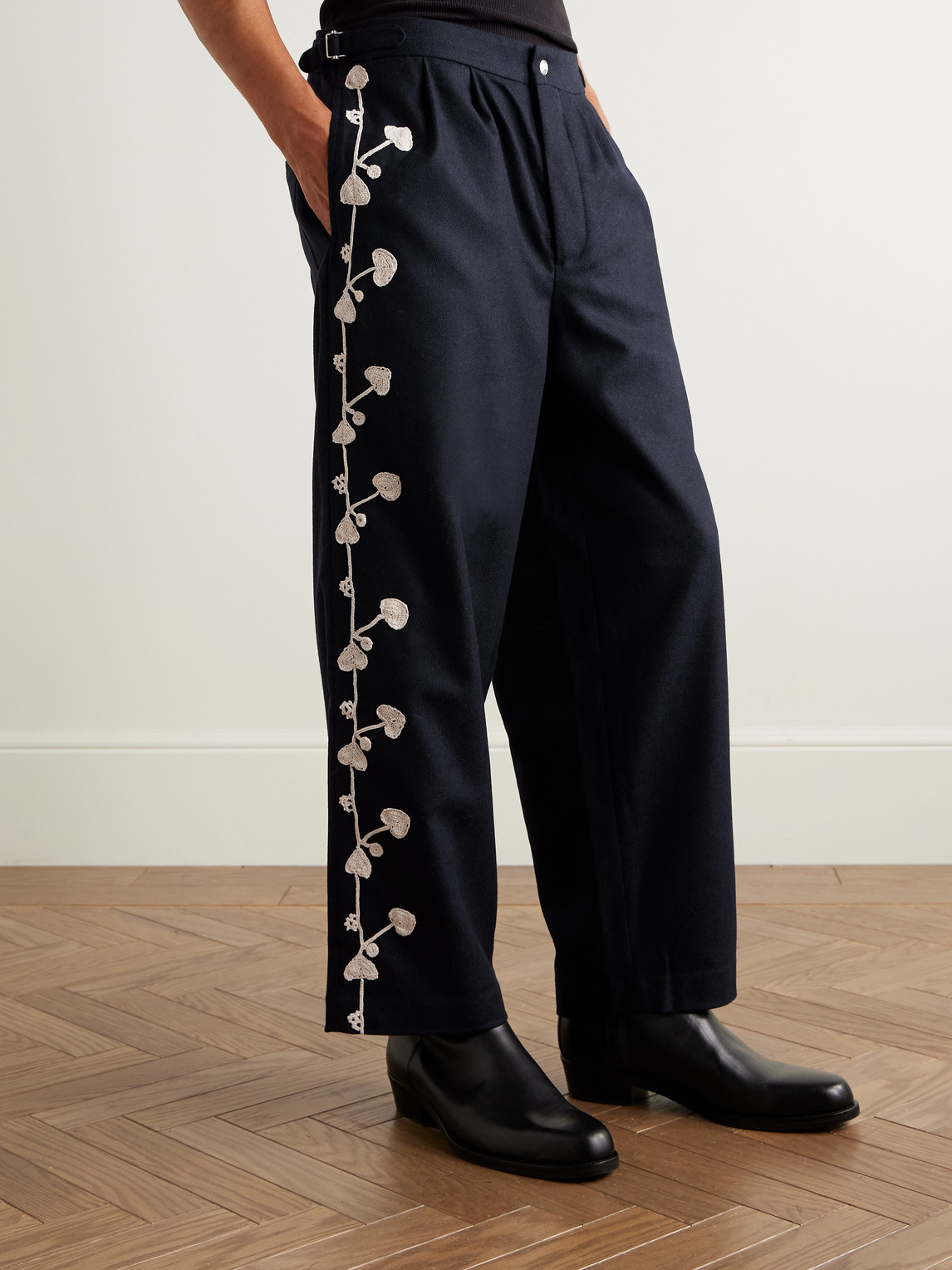 Bode Snowdrop Straight-leg Appliquéd Herringbone Wool-blend Trousers In Blue