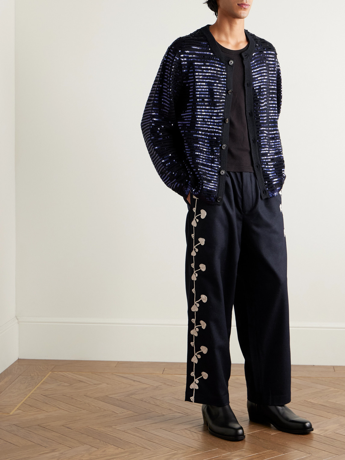 Bode Snowdrop Straight-leg Appliquéd Herringbone Wool-blend Trousers In Blue