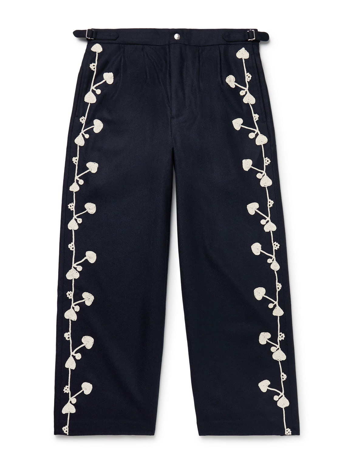 Bode Snowdrop Straight-leg Appliquéd Herringbone Wool-blend Trousers In Blue