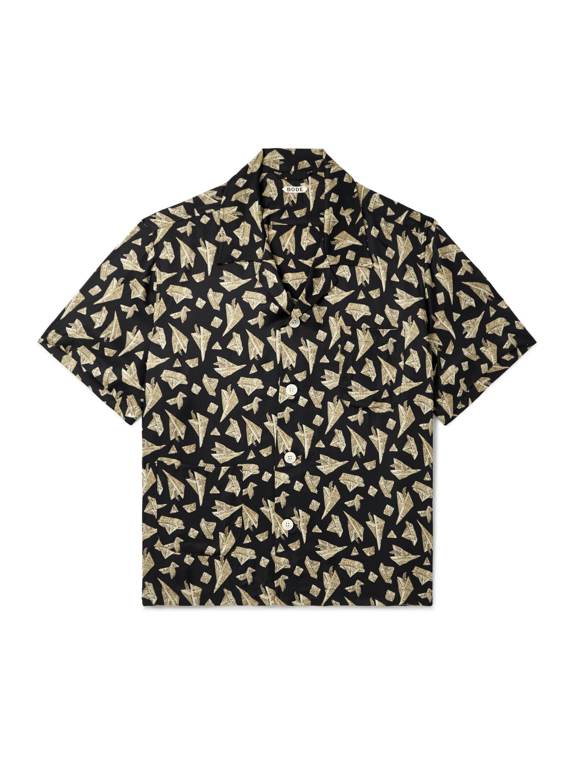 Bode Paper Hat Camp-collar Printed Satin Shirt In Black