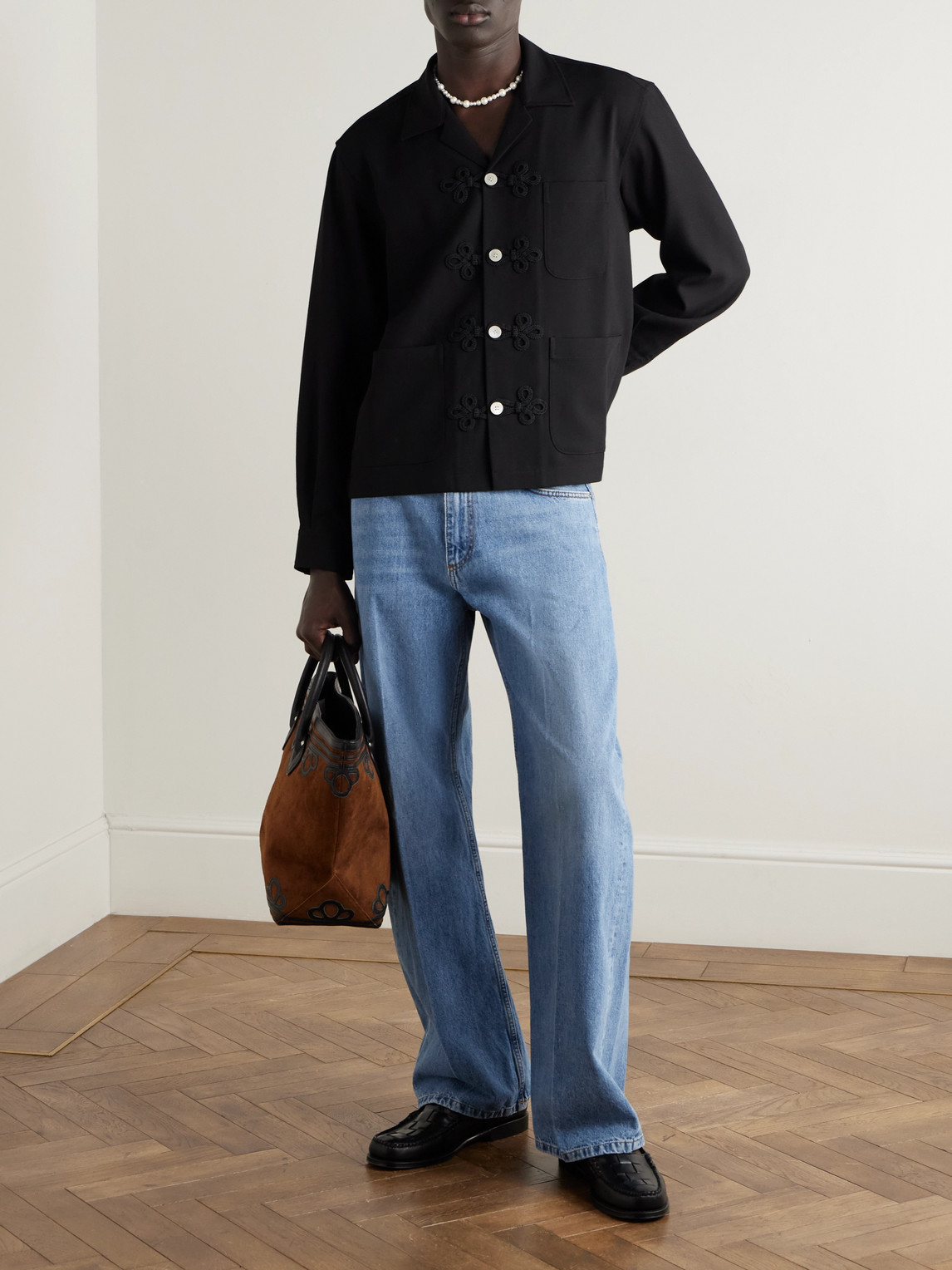 Bode Astor Trillium Camp-collar Embroidered Wool Shirt In Black