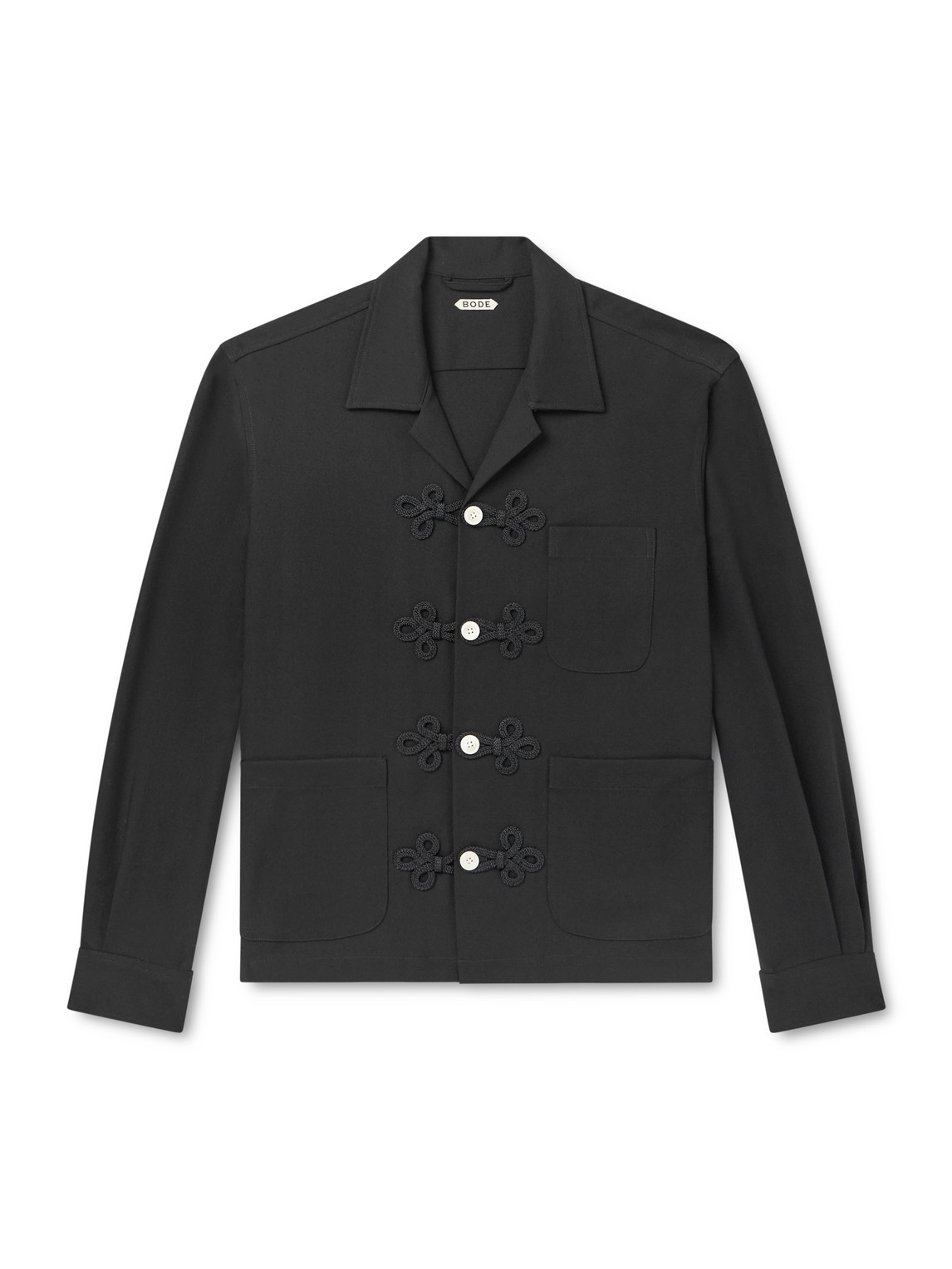 Bode Astor Trillium Camp-collar Embroidered Wool Shirt In Black