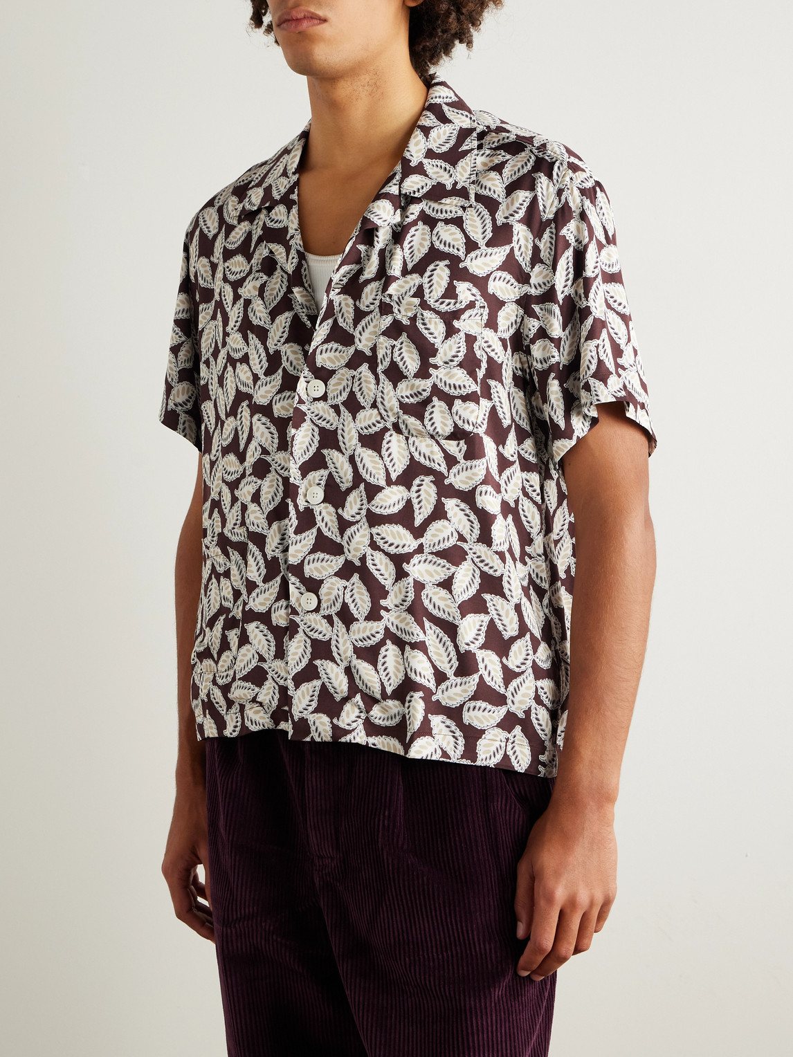 Bode Paper Birch Camp-collar Printed Satin Shirt In Brown