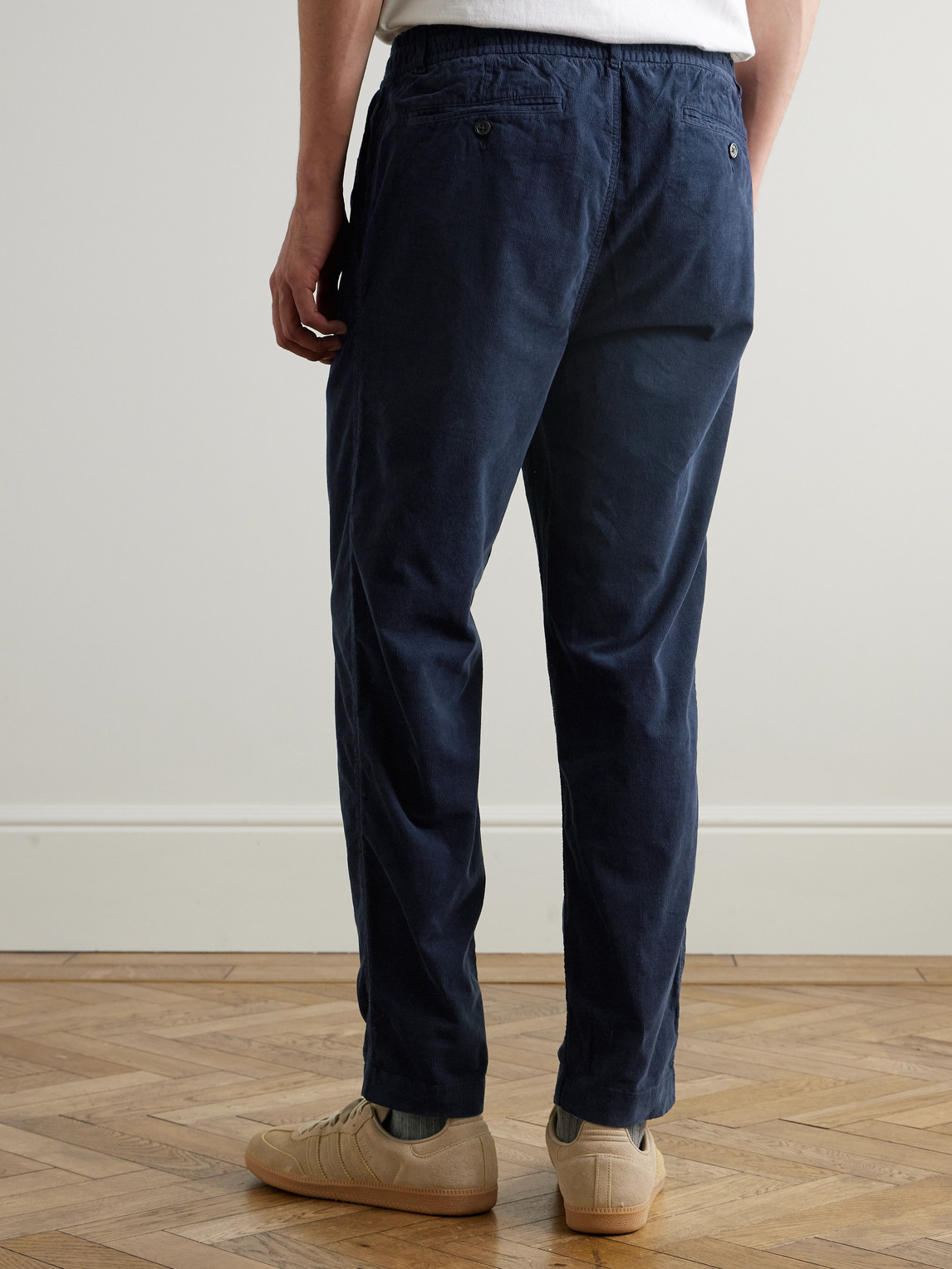 Polo Ralph Lauren Pleated Tapered Stretch Cotton-corduroy Drawstring Trousers In Blue