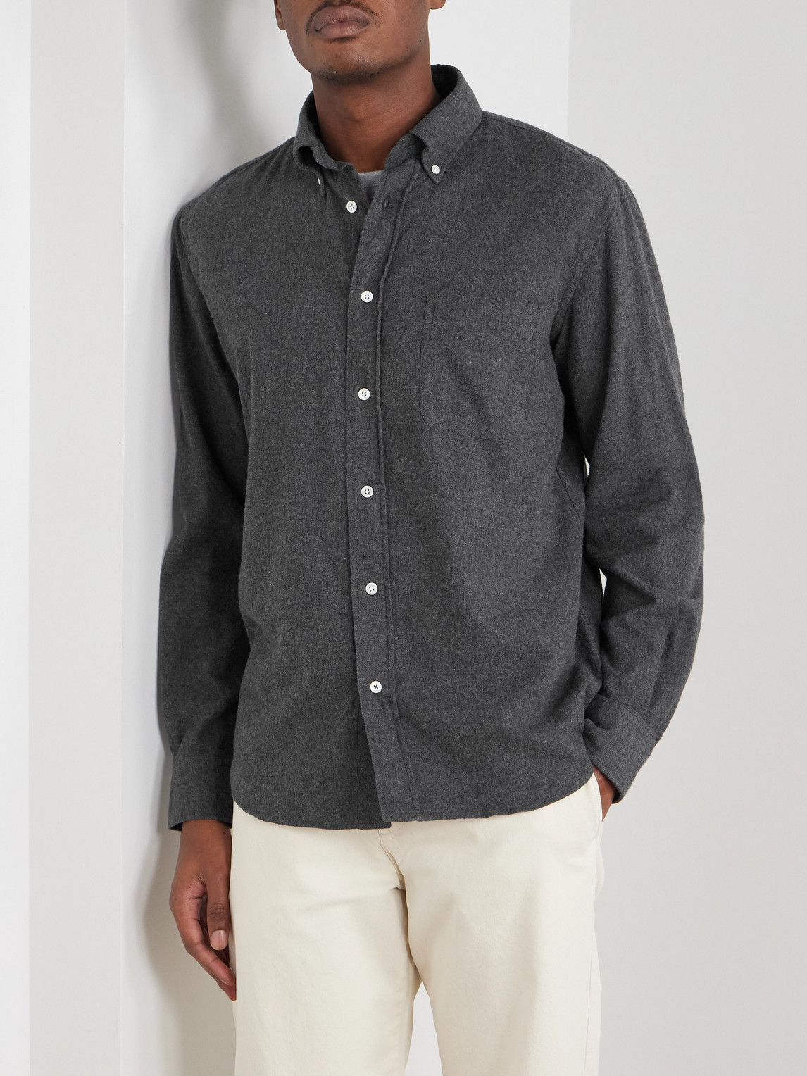 Hartford Pitt Button-down Collar Cotton-flannel Shirt In Gray