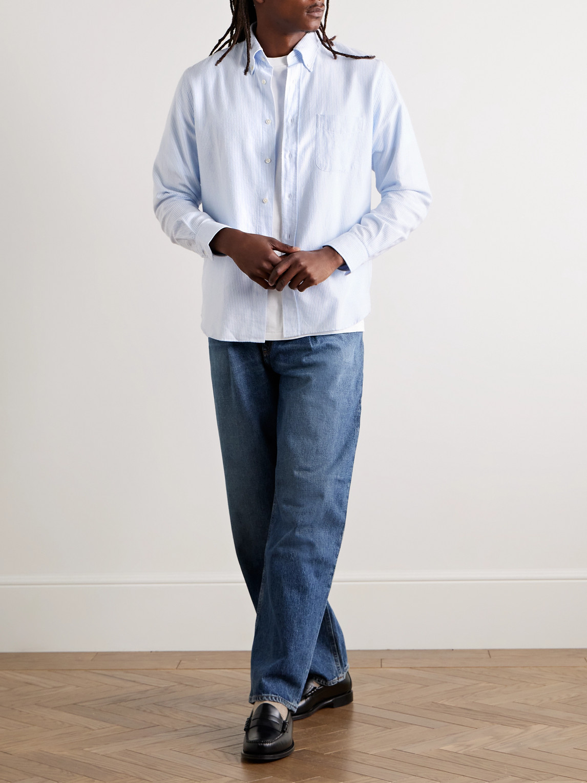 Hartford Pitt Button-down Collar Striped Cotton Shirt In Blue