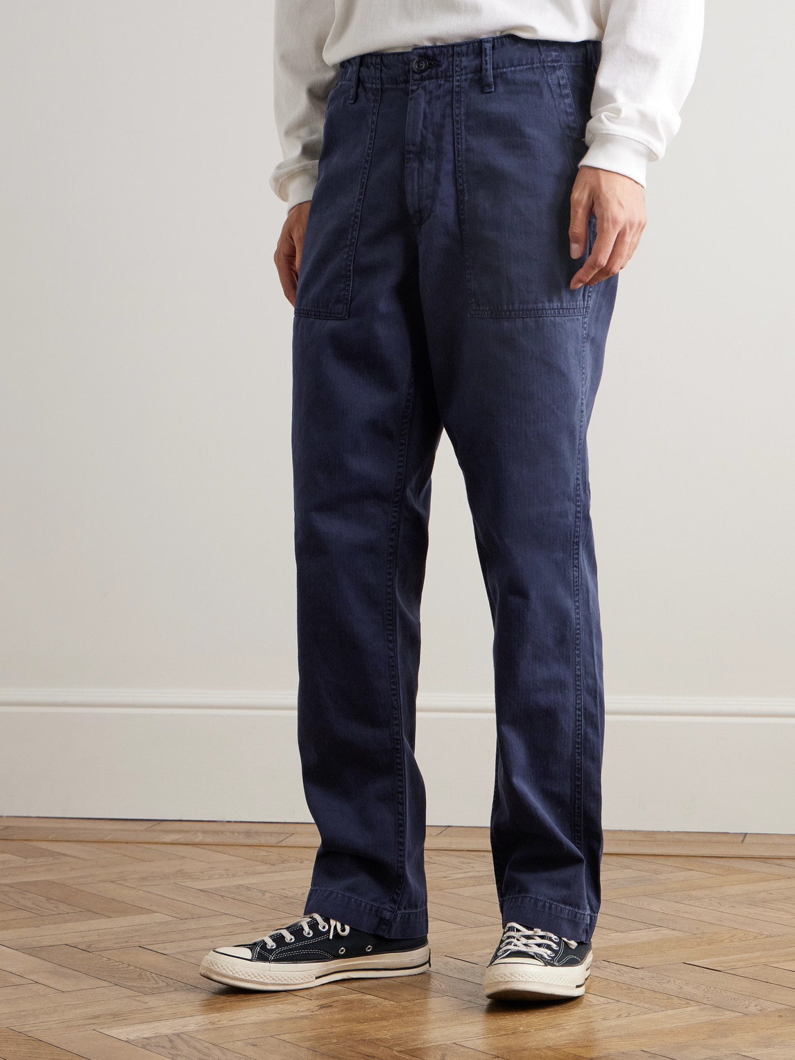 Hartford Fatigue Straight-leg Garment-dyed Herringbone Cotton-gabardine Trousers In Blue
