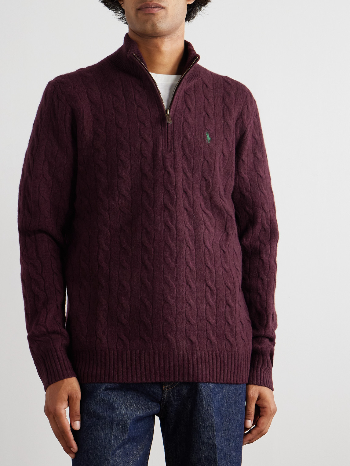  Polo Ralph Lauren - Logo-embroidered Cable-knit Wool And Cashmere-blend Half-zip Sweater - Men - Red - L 