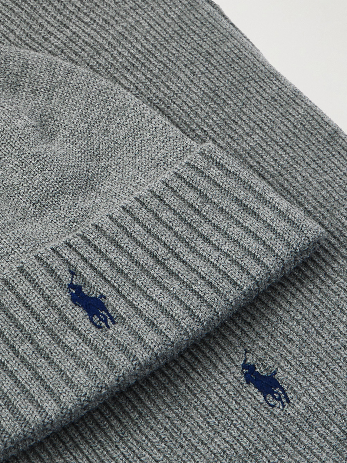 Polo Ralph Lauren Logo-embroidered Ribbed Wool Beanie And Scarf Set In Gray