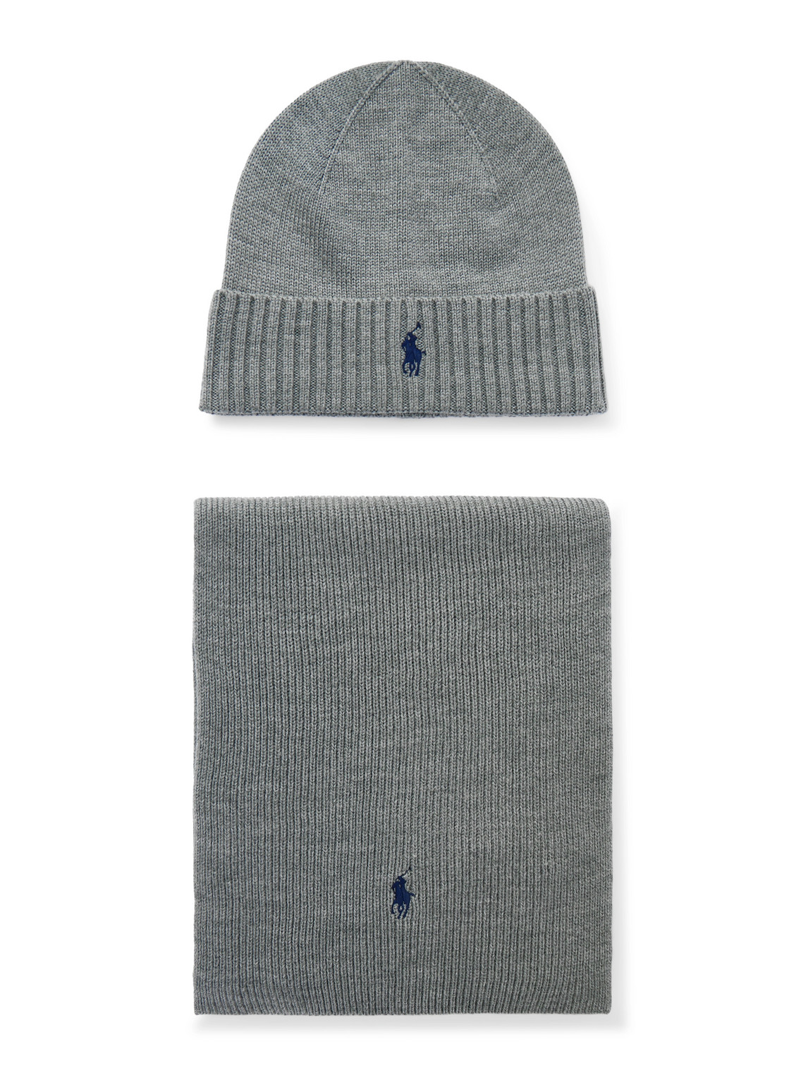 Polo Ralph Lauren Logo-embroidered Ribbed Wool Beanie And Scarf Set In Gray