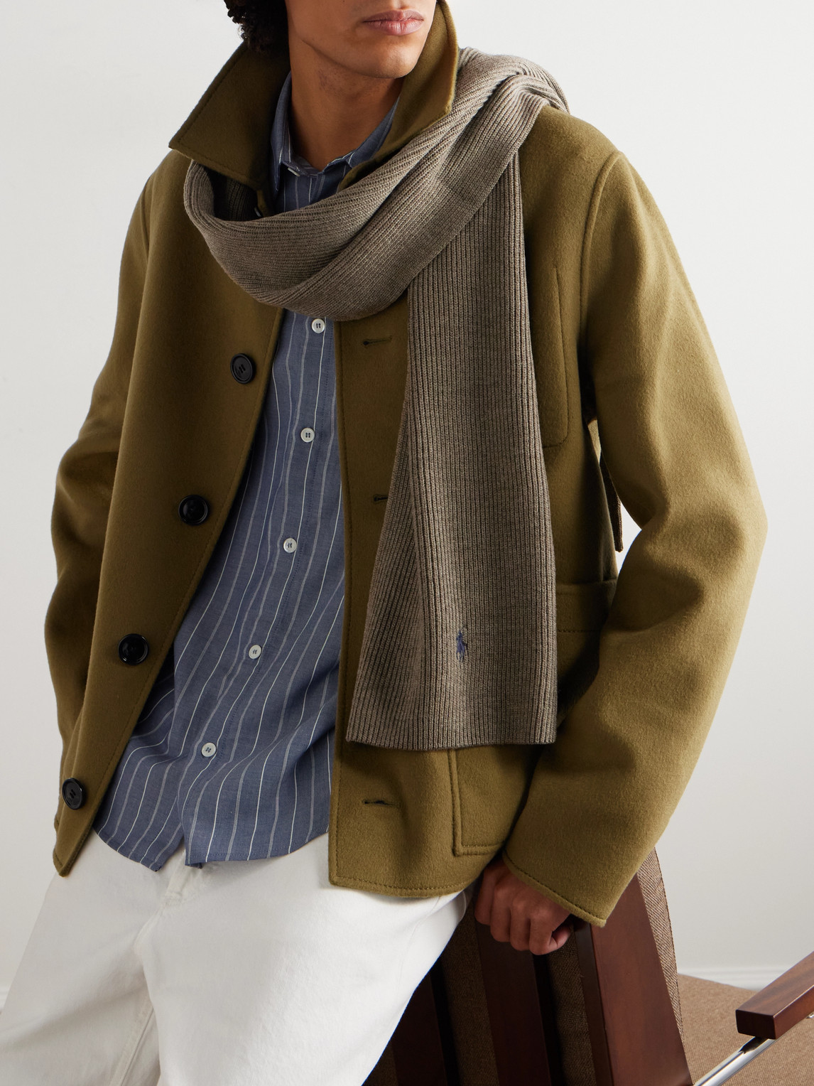 Polo Ralph Lauren Logo-embroidered Ribbed-knit Wool Scarf In Gray
