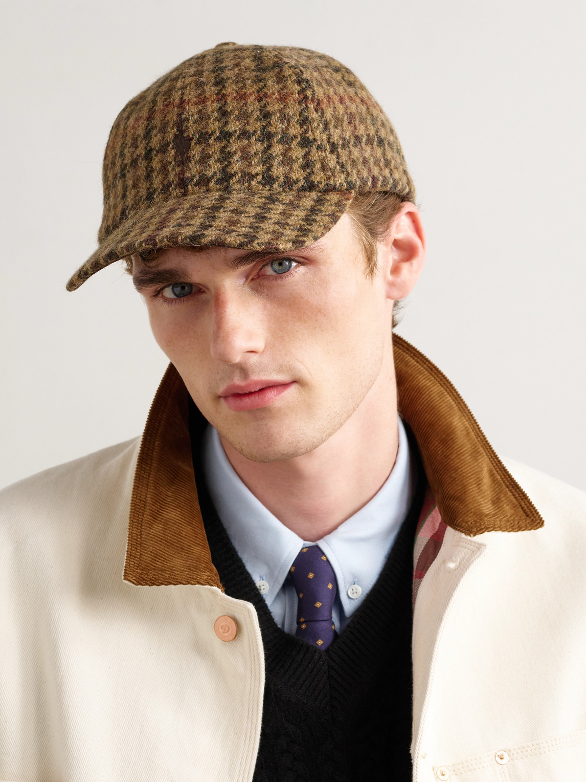 Polo Ralph Lauren Logo-embroidered Leather-trimmed Houndstooth Wool And Alpaca -blend Baseball Cap In Brown