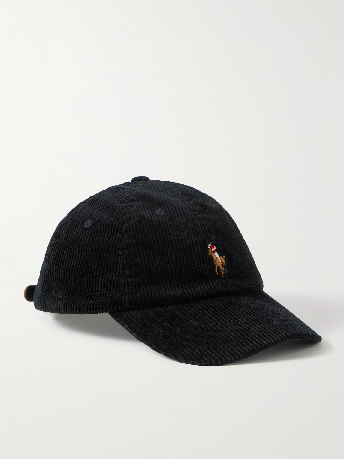 Polo Ralph Lauren Full-grain Leather-trimmed Logo-embroidered Cotton-corduroy Baseball Cap In Black
