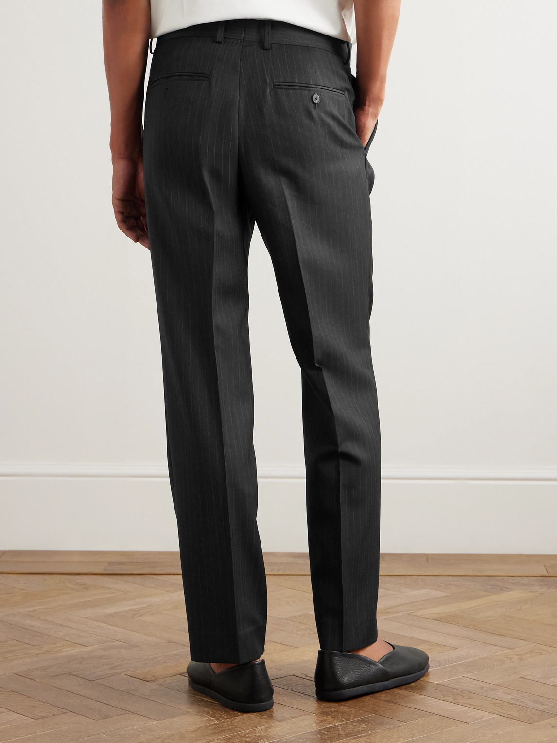 Auralee Straight-leg Pleated Pinstriped Wool Trousers In Black