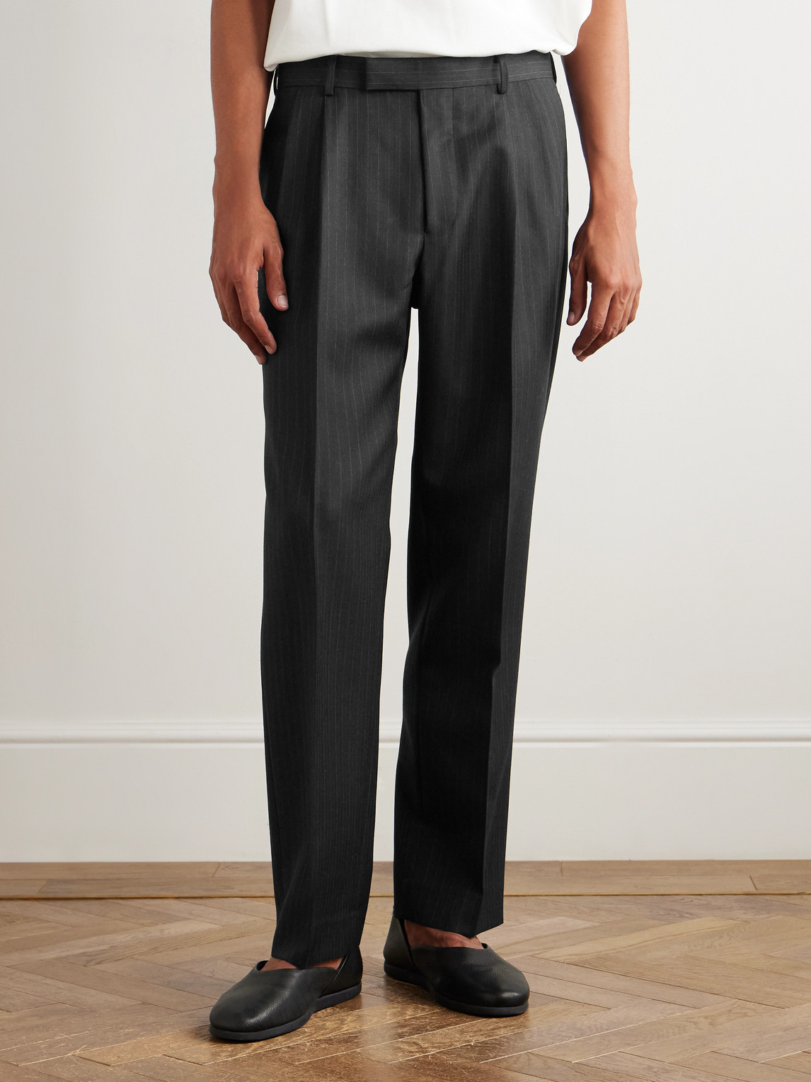 Auralee Straight-leg Pleated Pinstriped Wool Trousers In Black