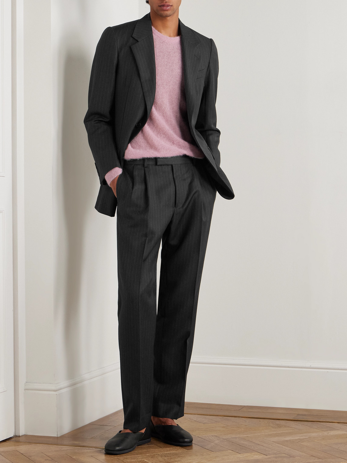 Auralee Straight-leg Pleated Pinstriped Wool Trousers In Black