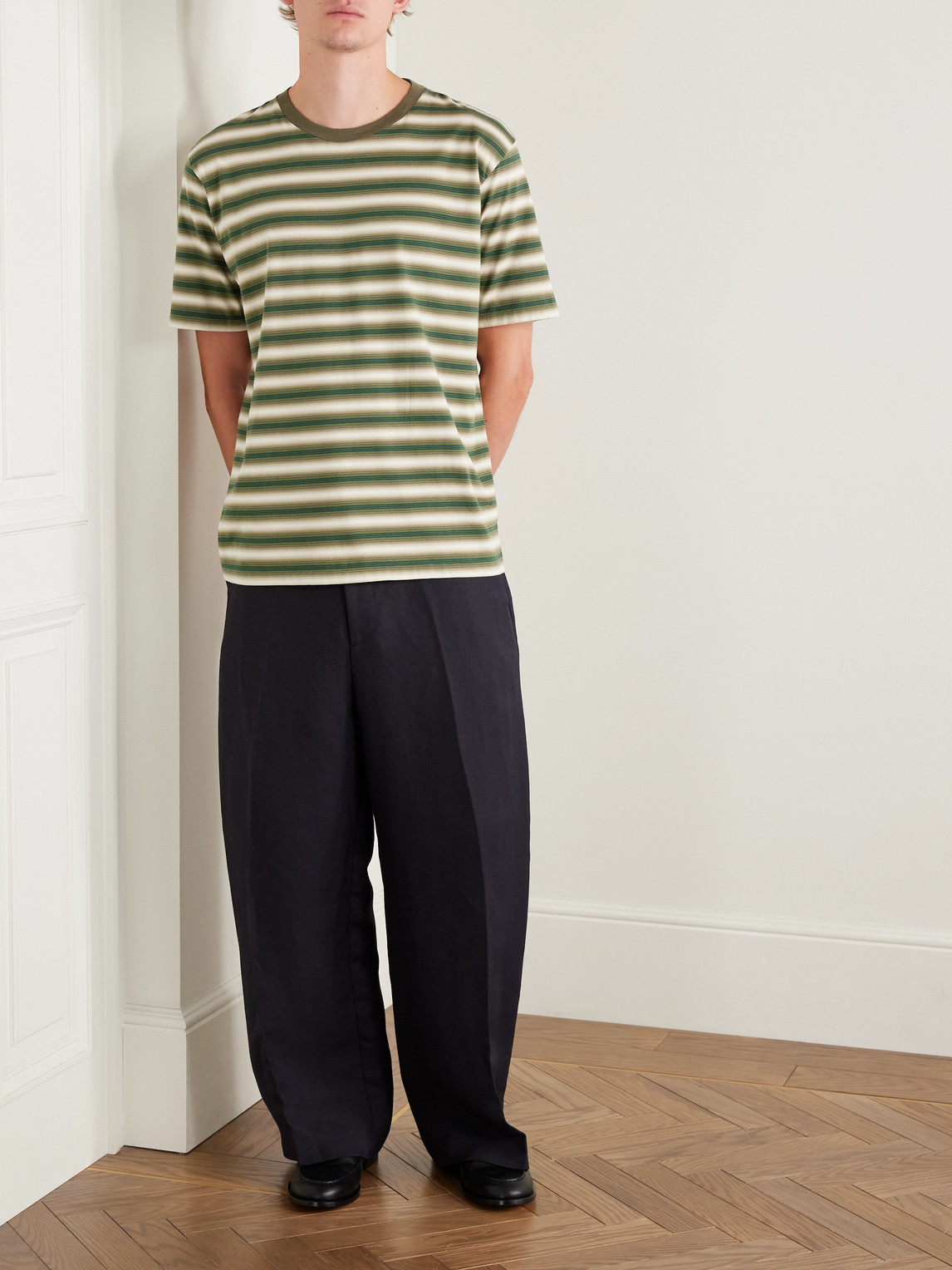 Auralee Striped Pattern Cotton T-shirt With Short Sleeves In Green