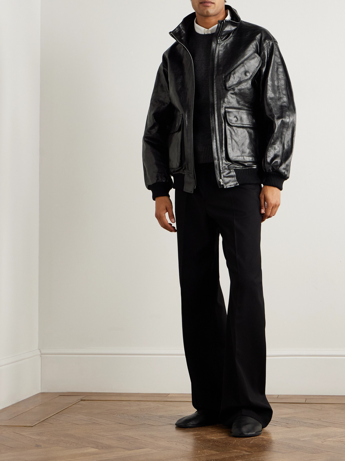 Auralee Leather Blouson Jacket - Men - back view in Black