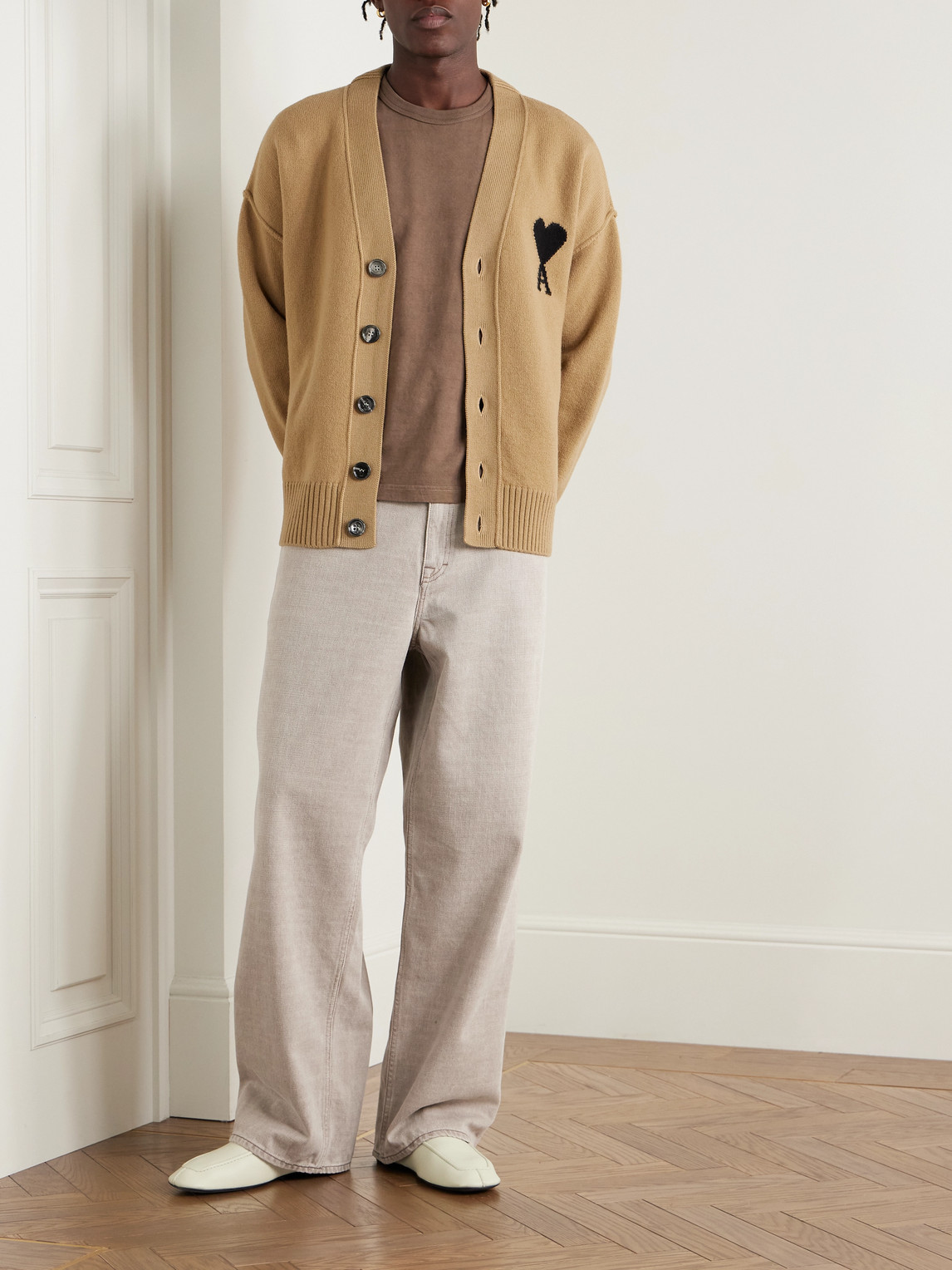 Ami Alexandre Mattiussi Ami Classic V-neck Wool Cardigan With Signature Logo In Brown