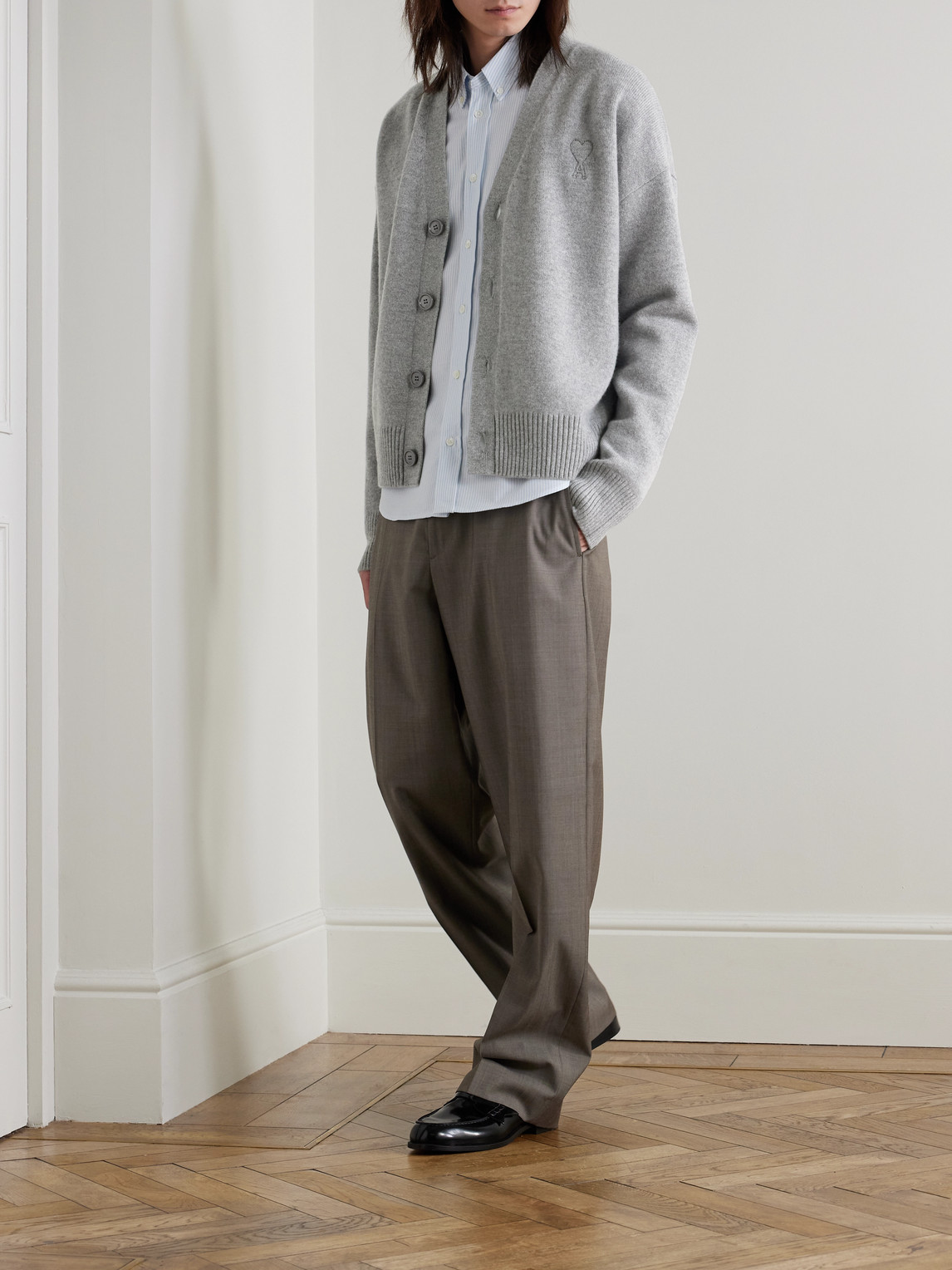 Ami Alexandre Mattiussi Logo-embroidered Wool And Cashmere-blend Cardigan In Gray