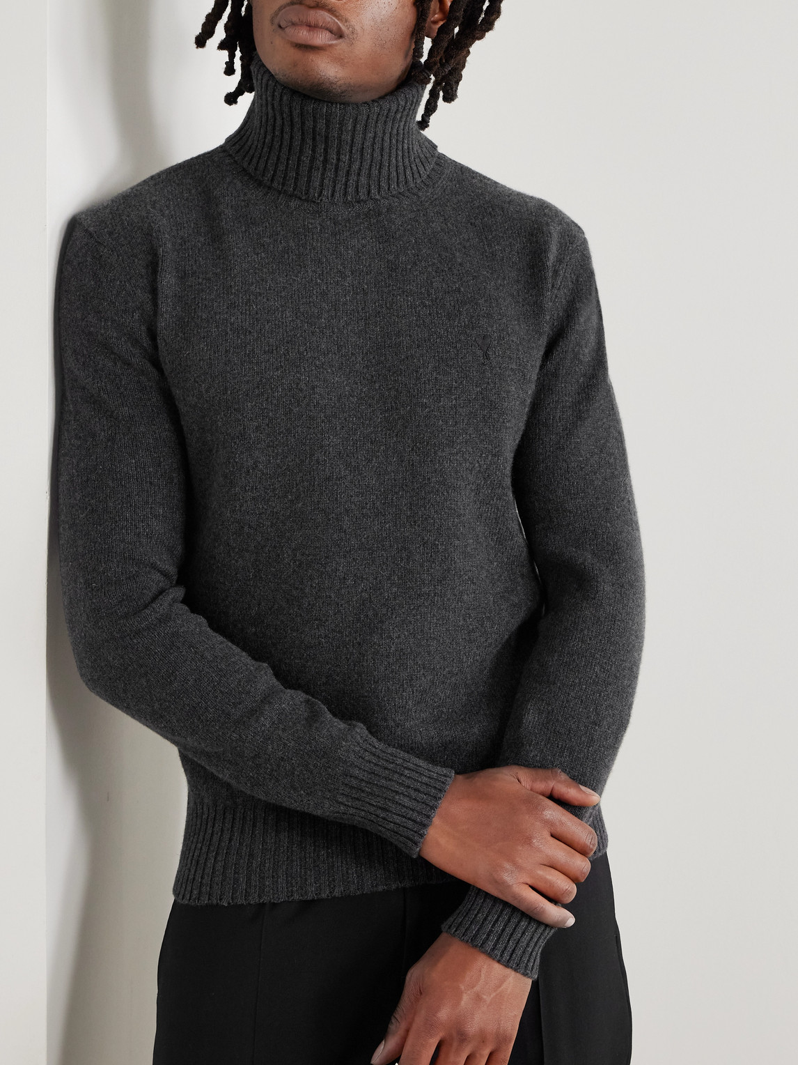 Ami Alexandre Mattiussi Logo-embroidered Cashmere And Wool-blend Rollneck Sweater In Gray