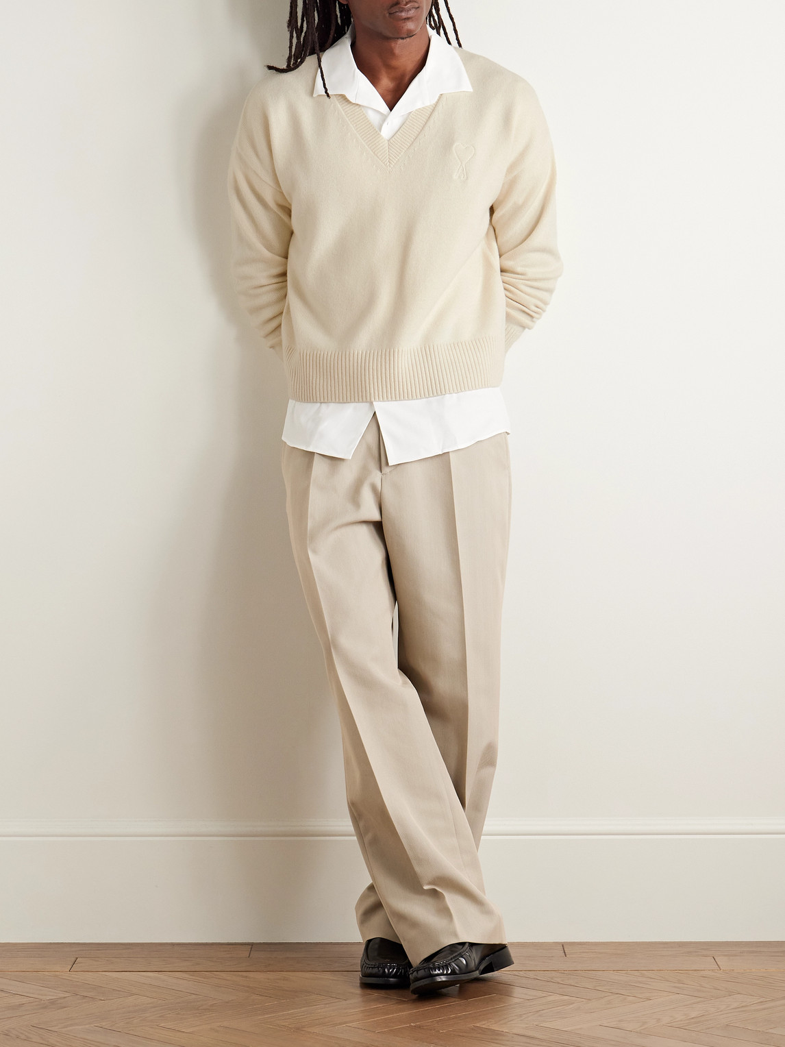Ami Alexandre Mattiussi Embroidered Wool And Cashmere-blend Sweater In Neutral