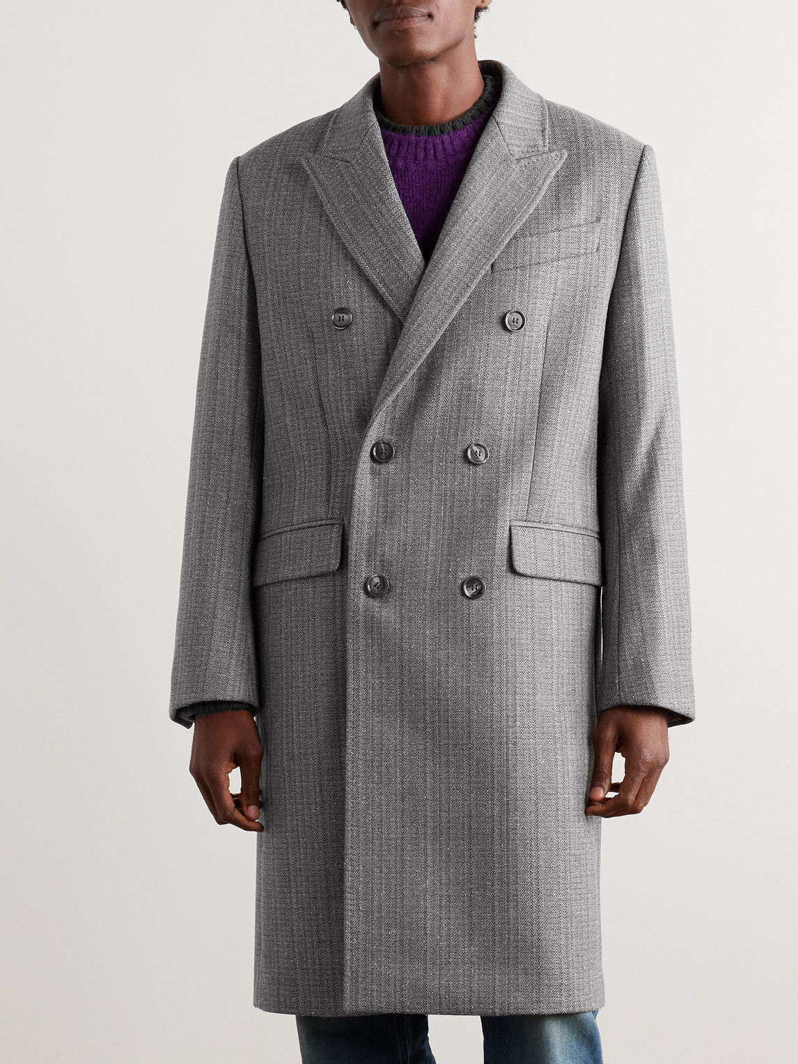 Ami Alexandre Mattiussi Double-breasted Herringbone Virgin Wool-blend Coat In Neutral